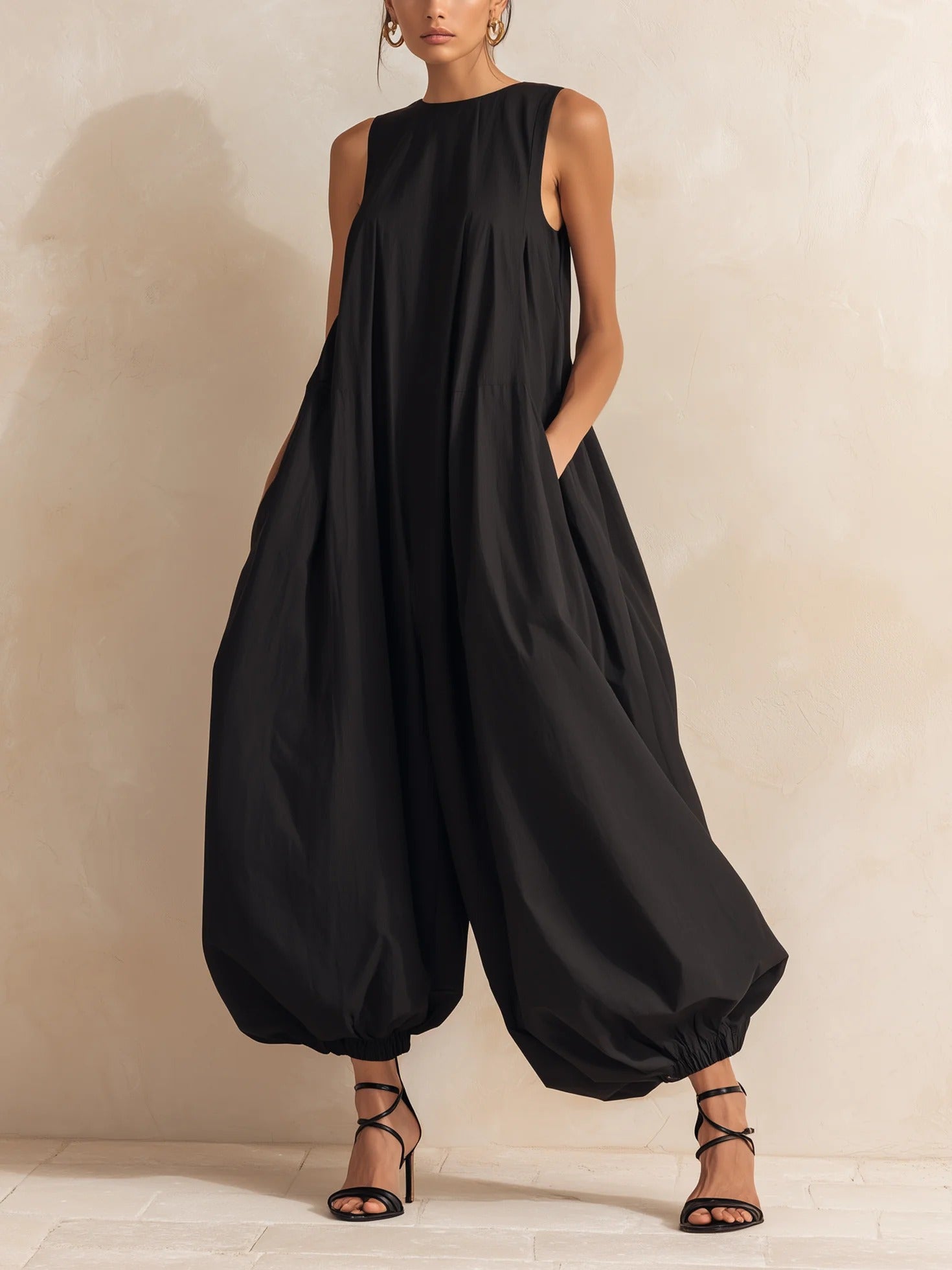 Women’s Black Minimalist Woven Round Neck Sleeveless Relaxed Balloon-Leg Jumpsuit