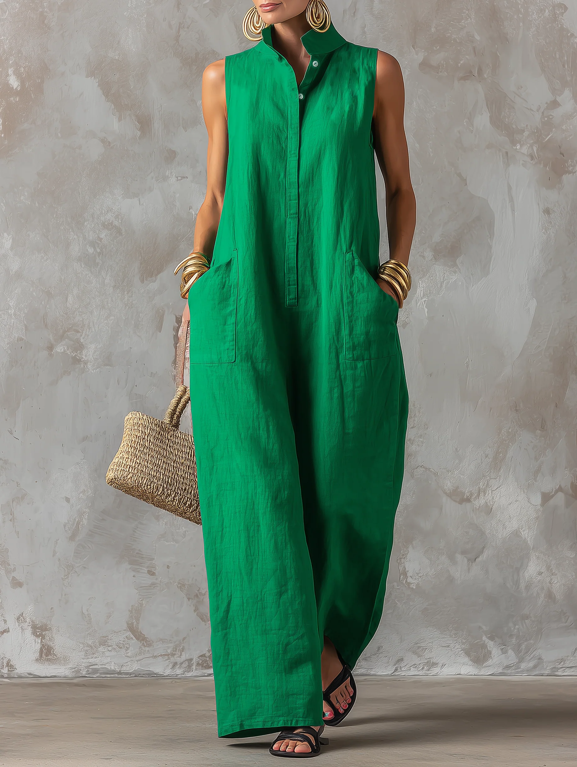 Women’s Green Minimalist Linen Blend Stand Collar Sleeveless Relaxed Full-Length Jumpsuit