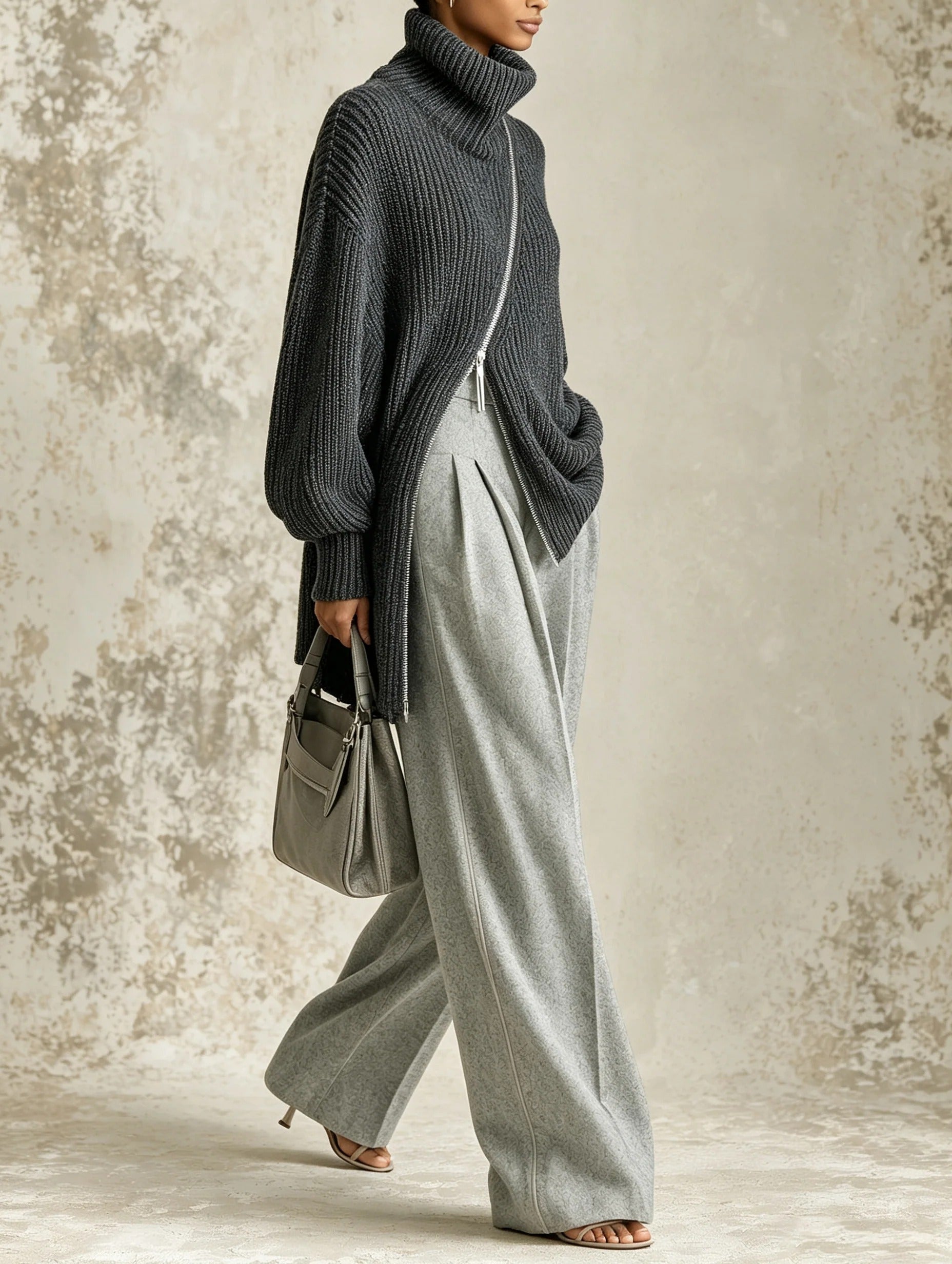 Women’s Gray Casual Ribbed Knit Turtleneck Long Sleeve Relaxed Two-Piece Pants Set