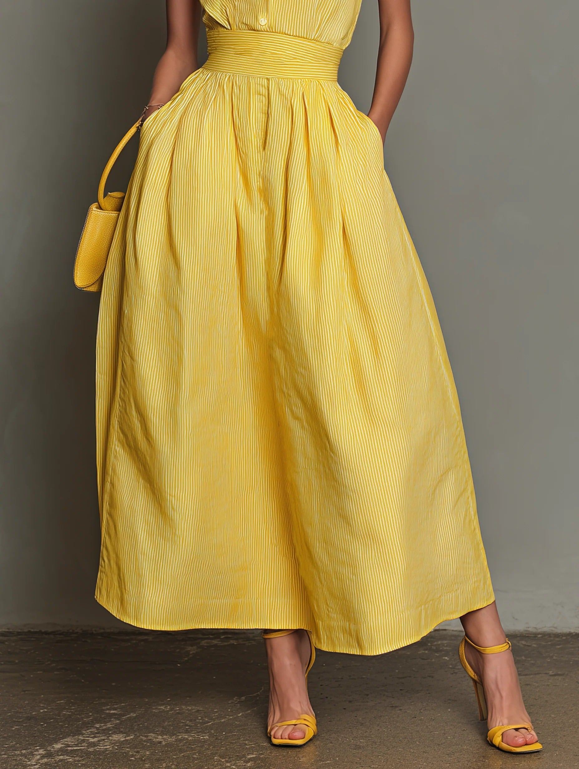 Women’s Yellow Casual Cotton Blend Shirt Collar Sleeveless Regular Maxi Dress with Pinstripe