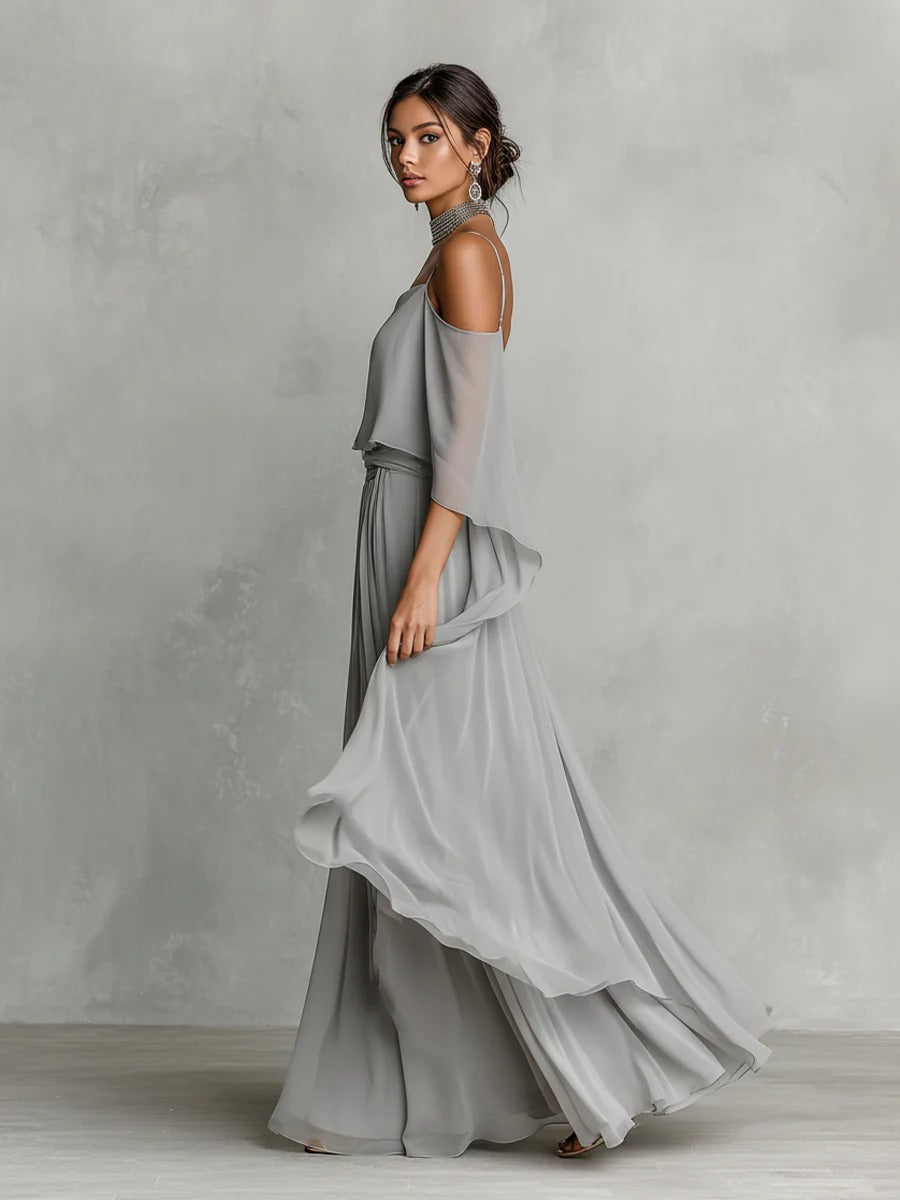 Women’s Gray Elegant Chiffon Cowl Neck Cold-Shoulder Regular Maxi Dress