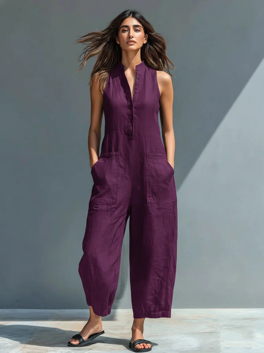 Women’s Black Casual Chic Linen-Blend Mandarin Collar Sleeveless Wide-Leg Ankle Jumpsuit