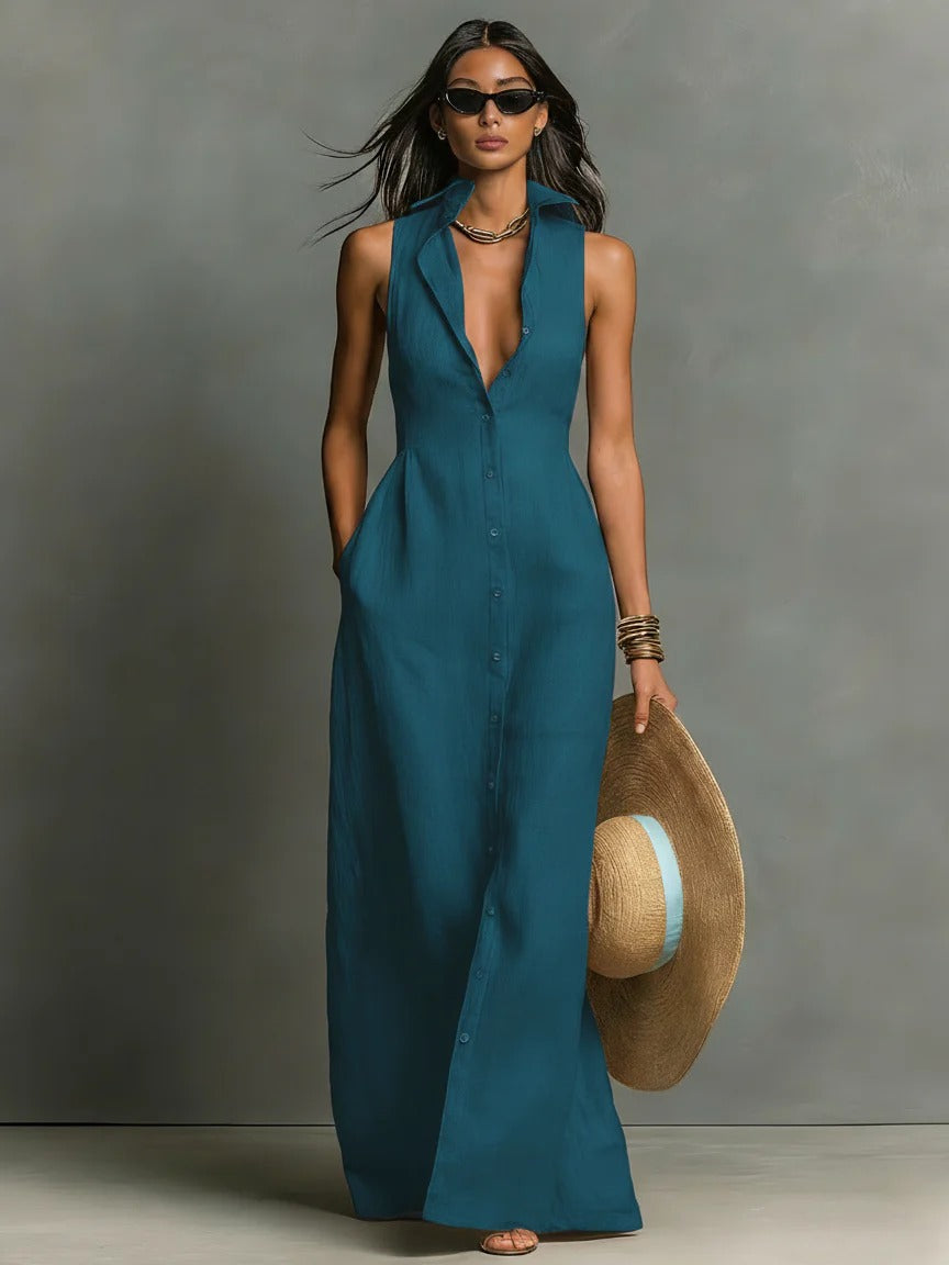 Women’s Red Modern Button-Front Collar Sleeveless Maxi Dress
