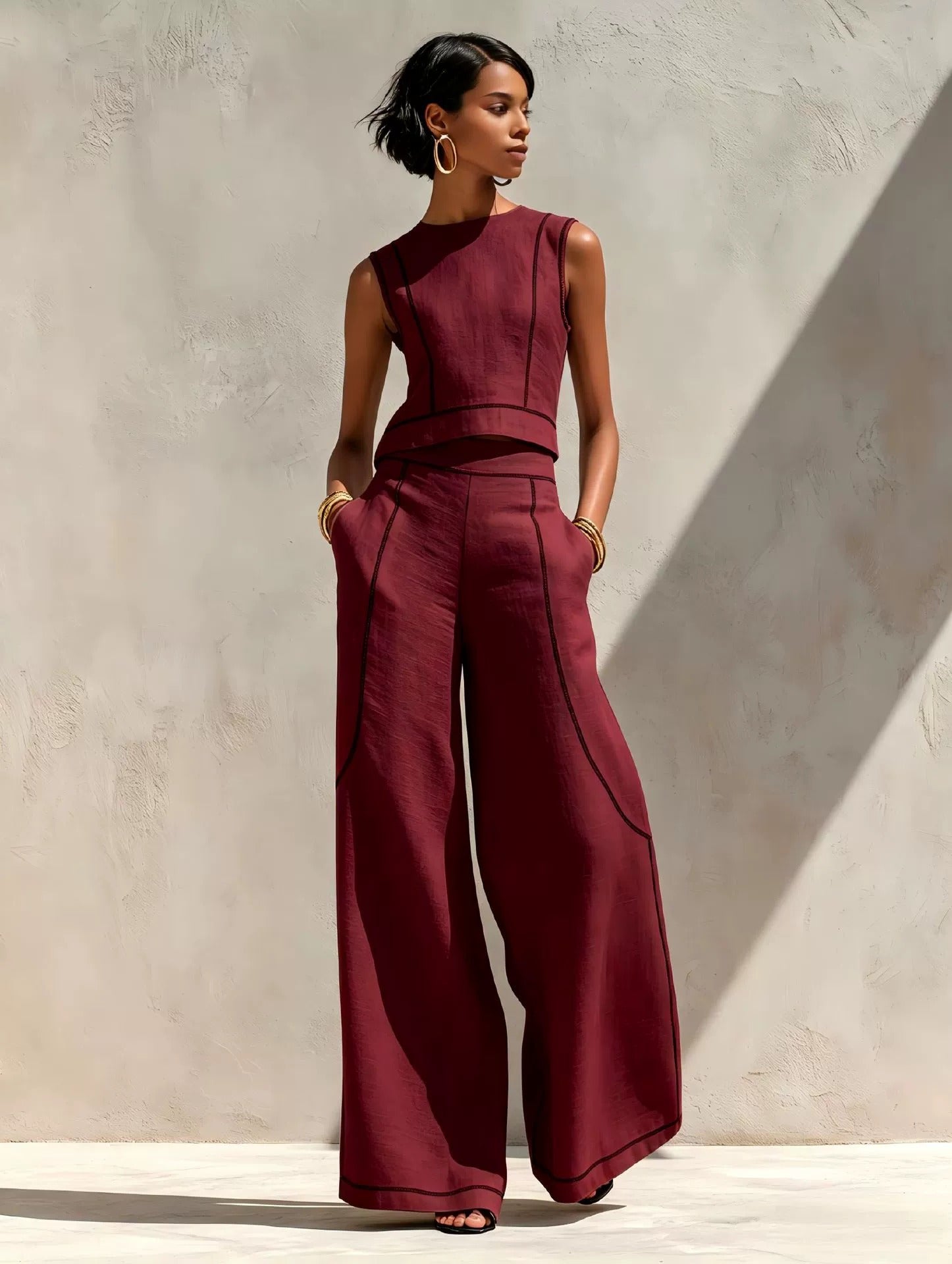 Women’s White and Black Minimalist Linen-Blend Round-Neck Sleeveless Regular Wide-Leg Pants Set