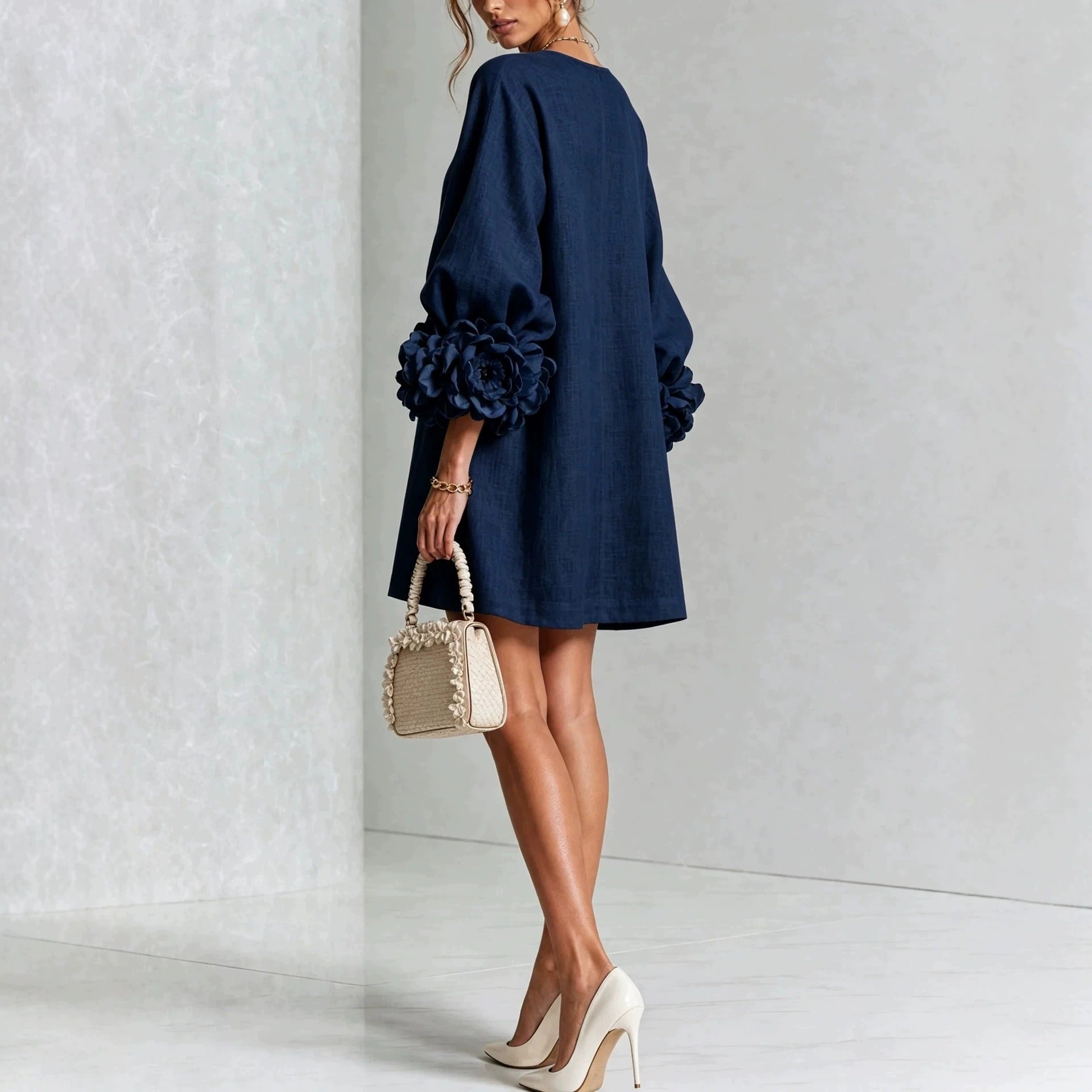 Women’s White Textured Floral Button Front Puff Sleeve Mini Dress