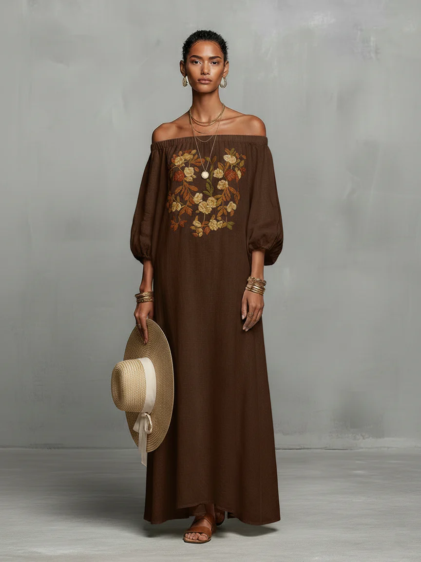 Women’s Ivory Vacation Embroidered Off-Shoulder Balloon Sleeve Maxi Dress