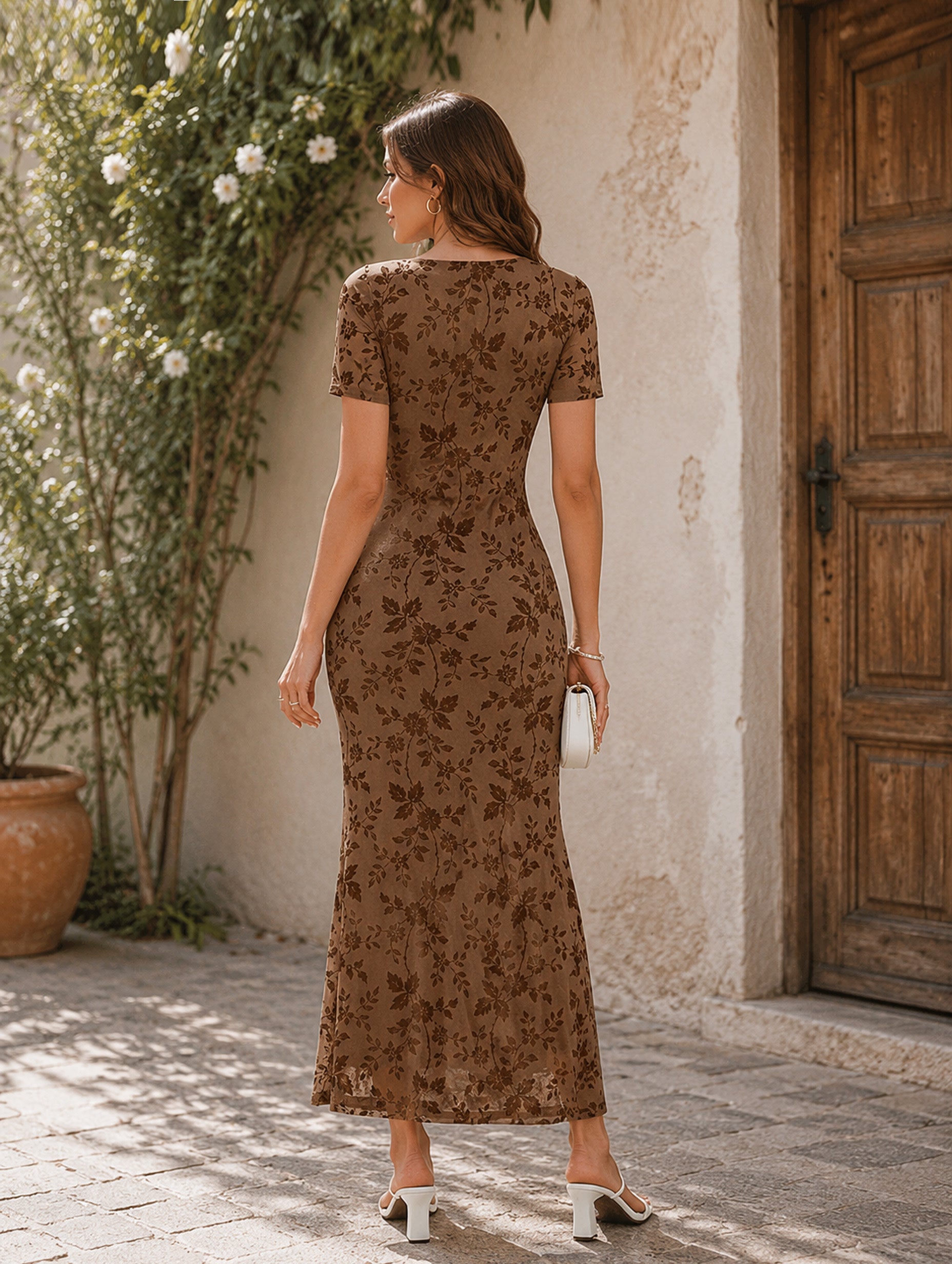 Women’s Summer Floral Wedding Guest Polyester Blend Square Neck Short Sleeve Slim Mermaid Maxi Dress