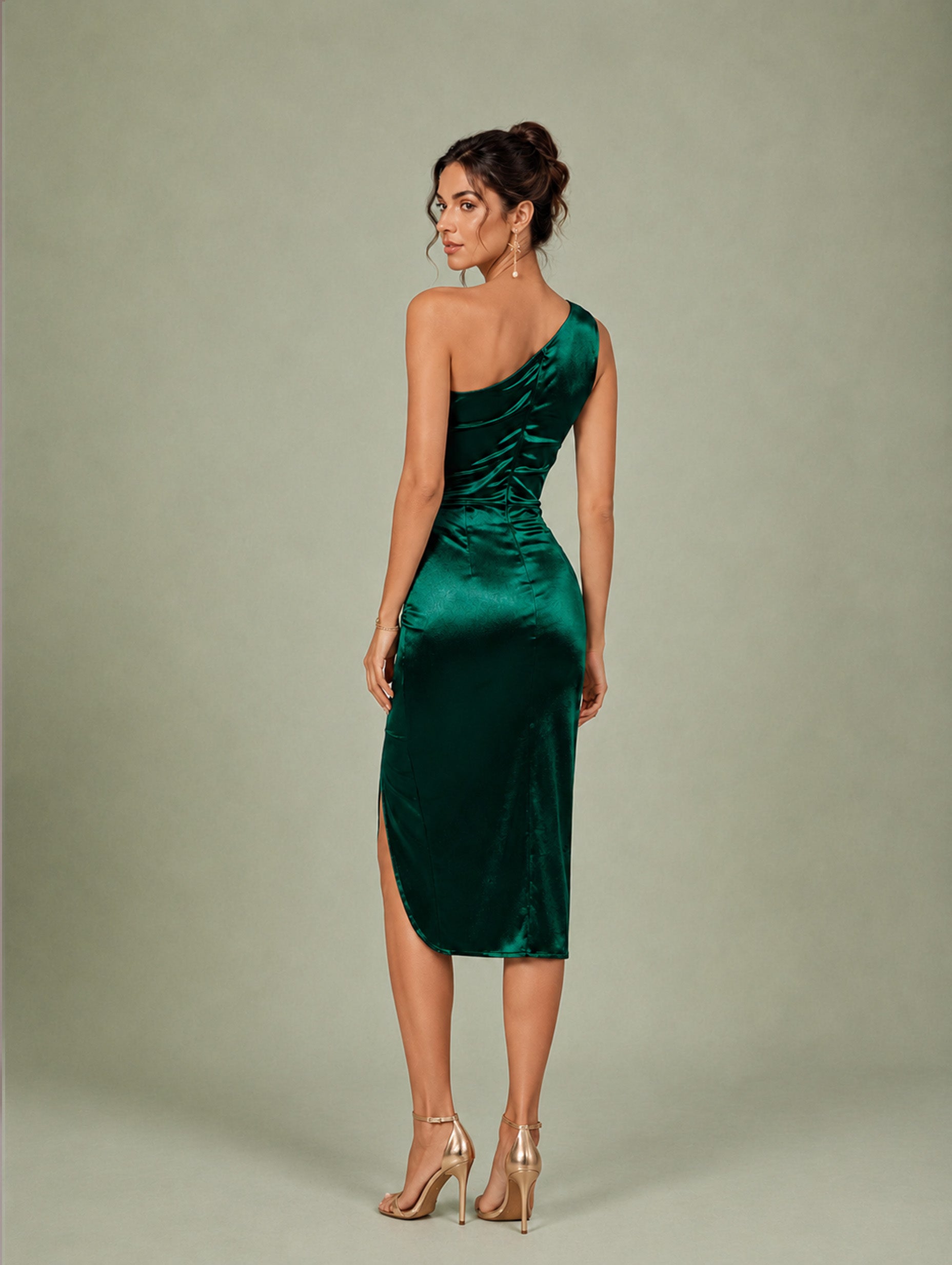 Women’s Green Elegant Satin One-Shoulder Sleeveless Regular Mini Dress with Side Slit