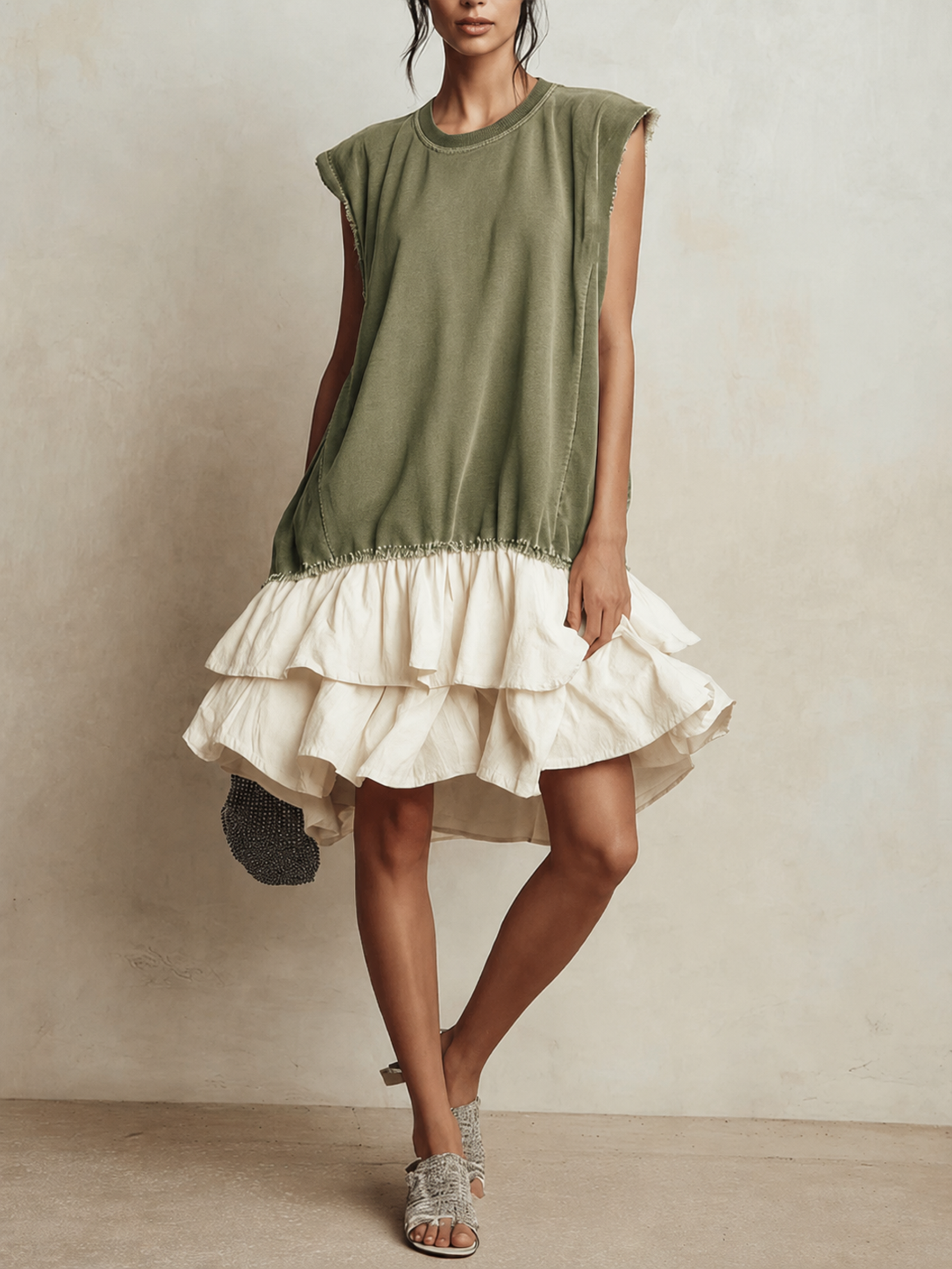 Contrast Raw Edge Tiered Ruffle Hem Sleeveless Mini Dress | Color Block Casual Loose Fit Vacation Dress