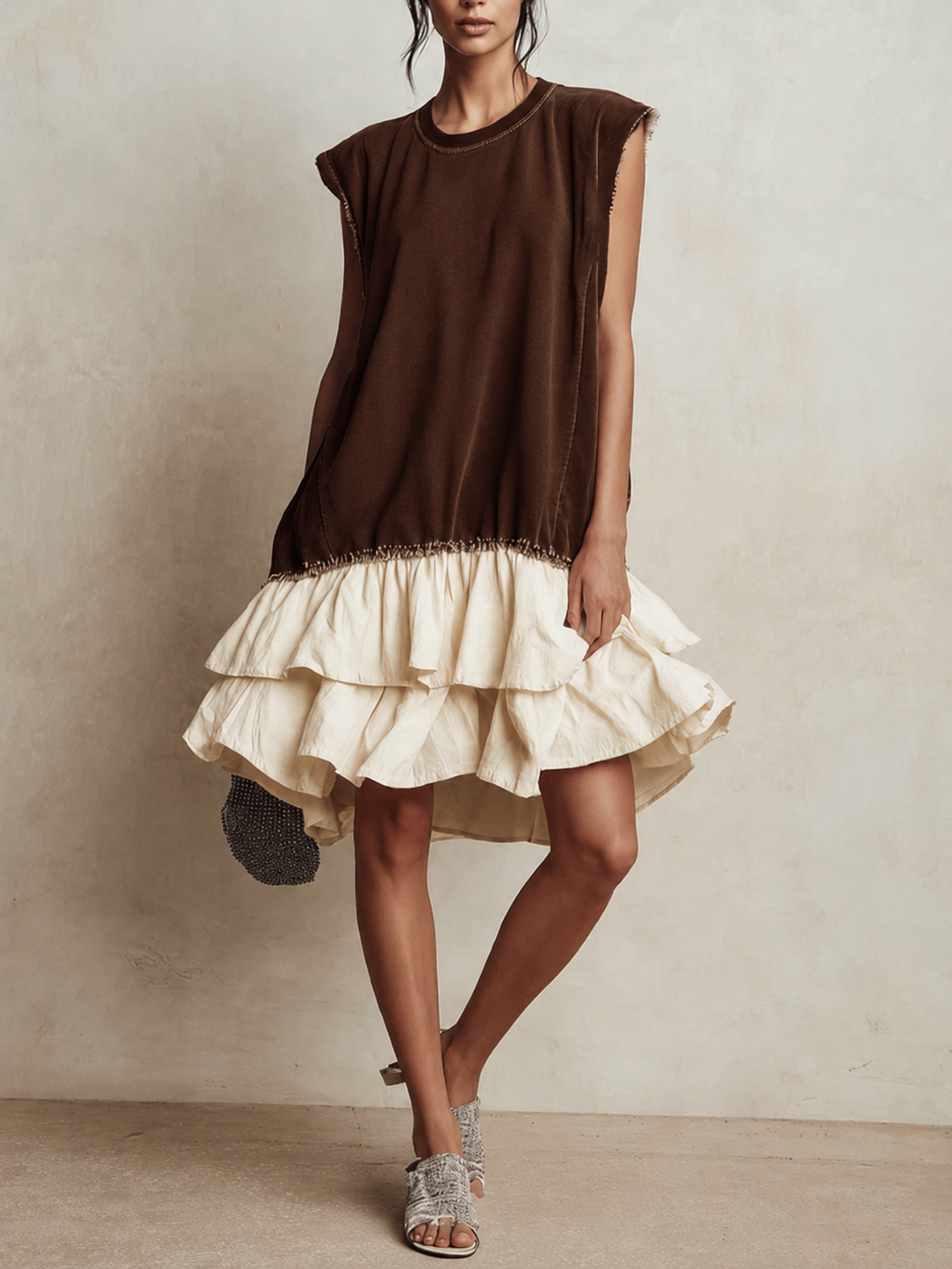 Contrast Raw Edge Tiered Ruffle Hem Sleeveless Mini Dress | Color Block Casual Loose Fit Vacation Dress