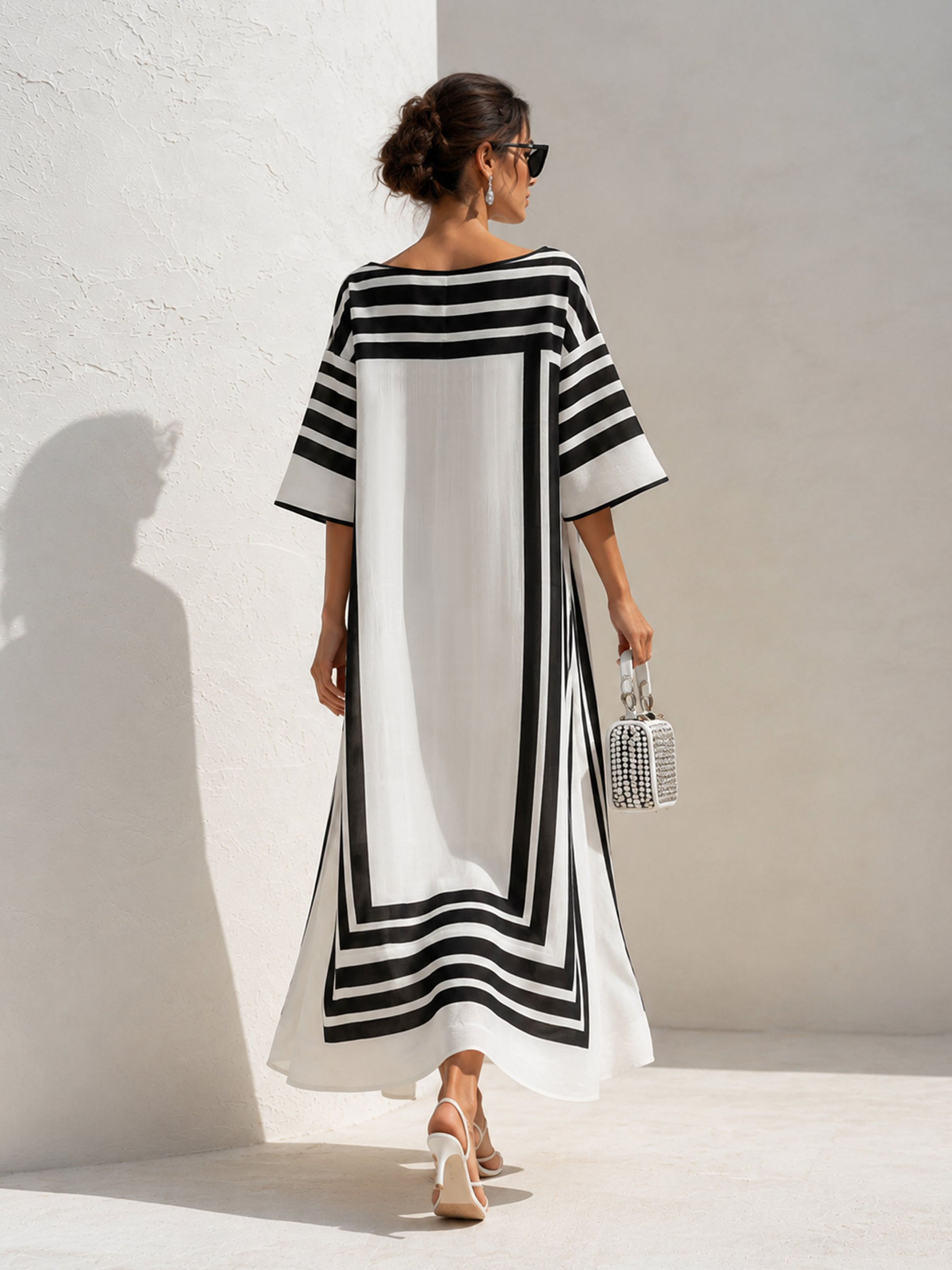 Oversized Black & White Striped Kaftan Maxi Dress