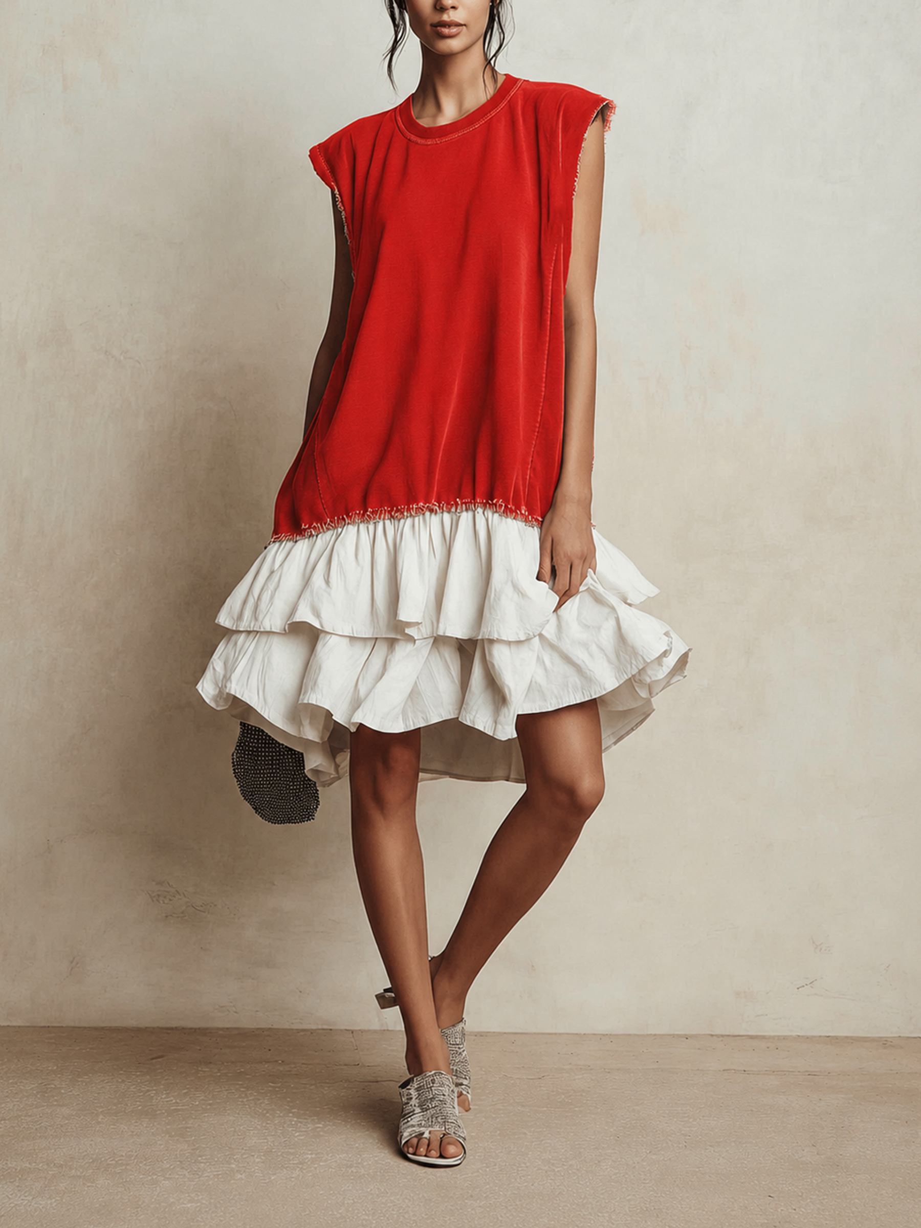 Contrast Raw Edge Tiered Ruffle Hem Sleeveless Mini Dress | Color Block Casual Loose Fit Vacation Dress