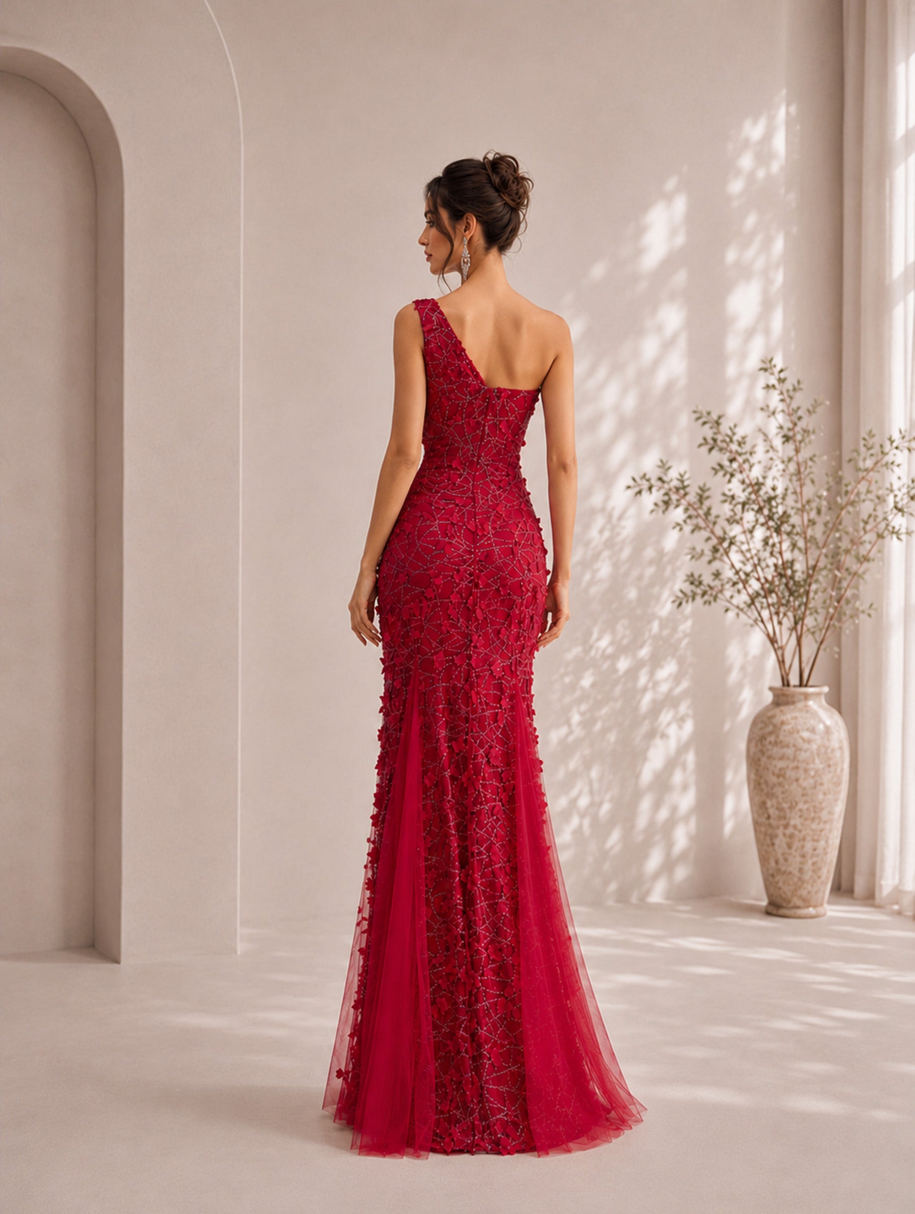 Women’s Red Elegant Sequin One-Shoulder Off-Shoulder Fitted Floor-Length Evening Dress