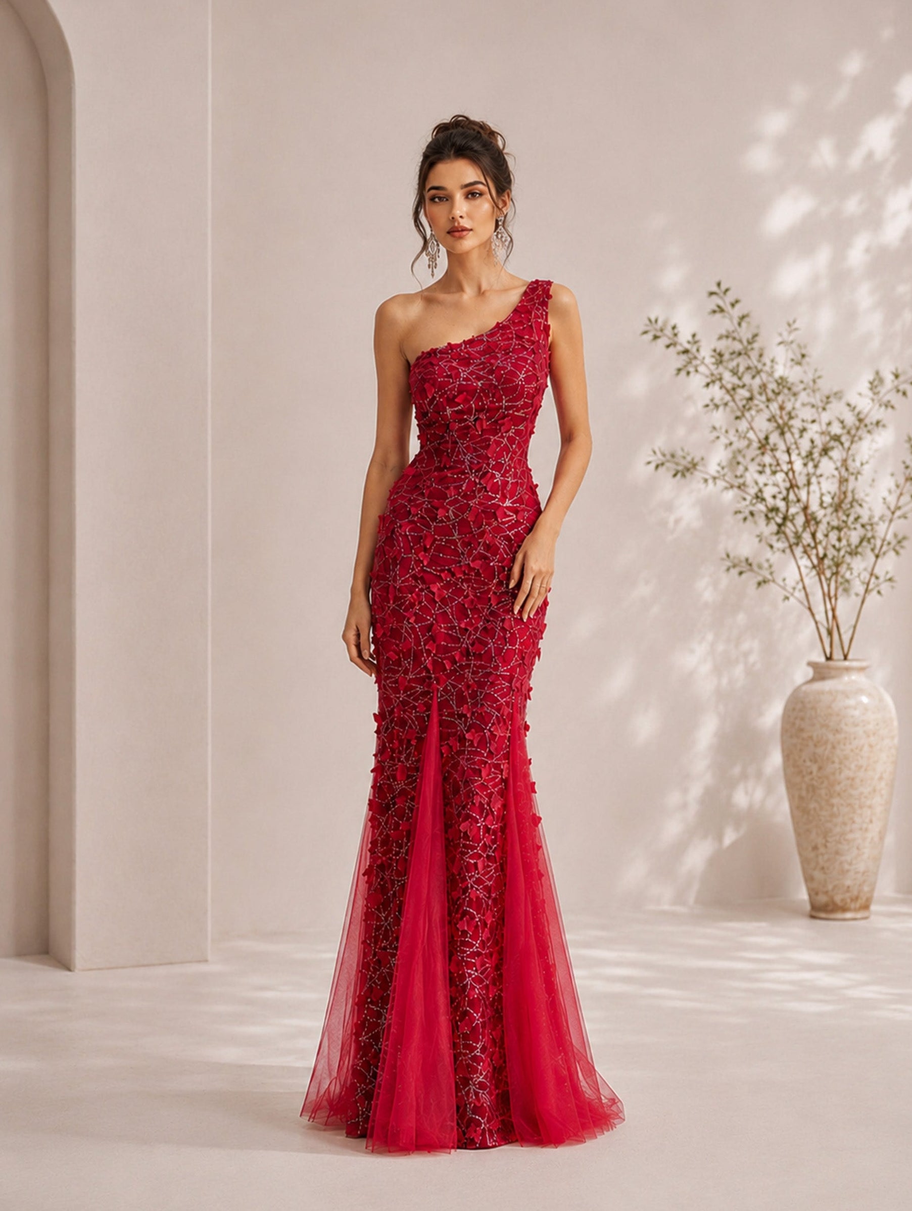 Women’s Red Elegant Sequin One-Shoulder Off-Shoulder Fitted Floor-Length Evening Dress