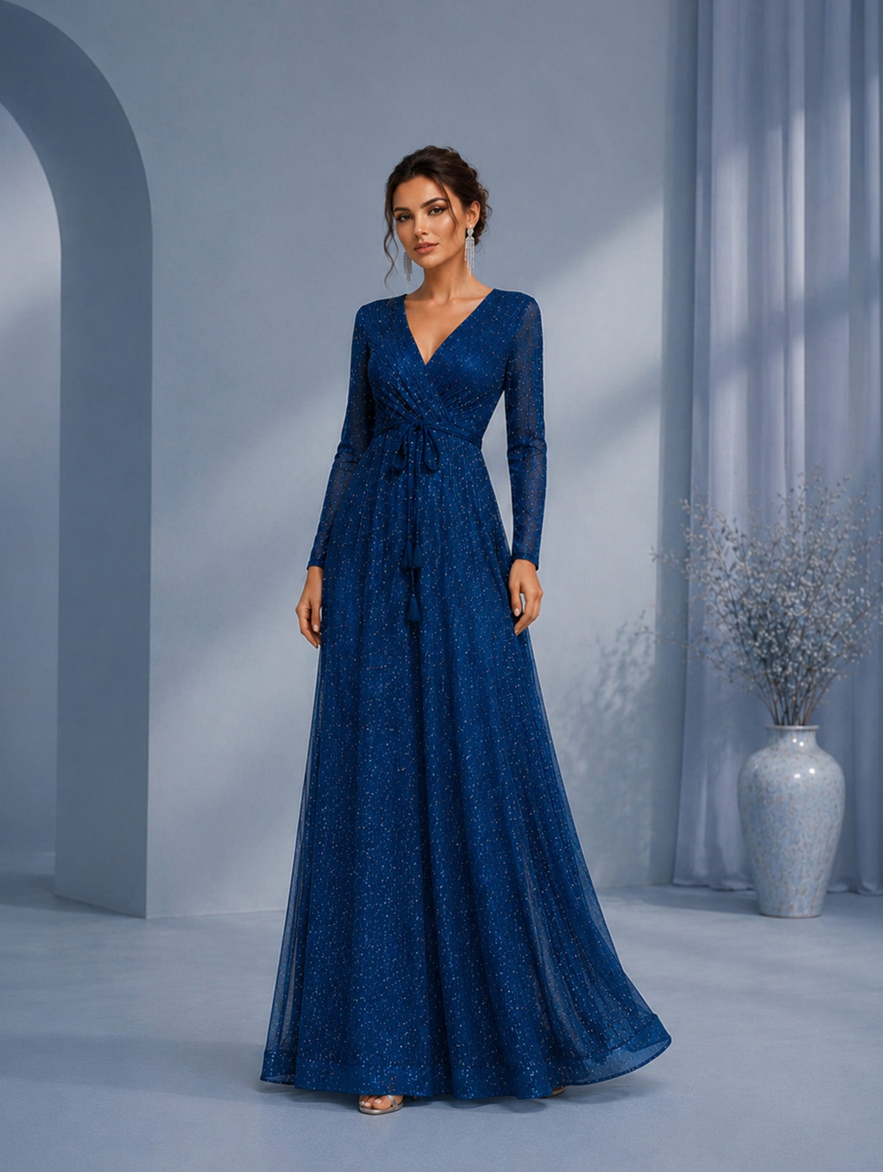Women’s Navy Elegant Glitter V-Neck Long Sleeve Regular Maxi Dress