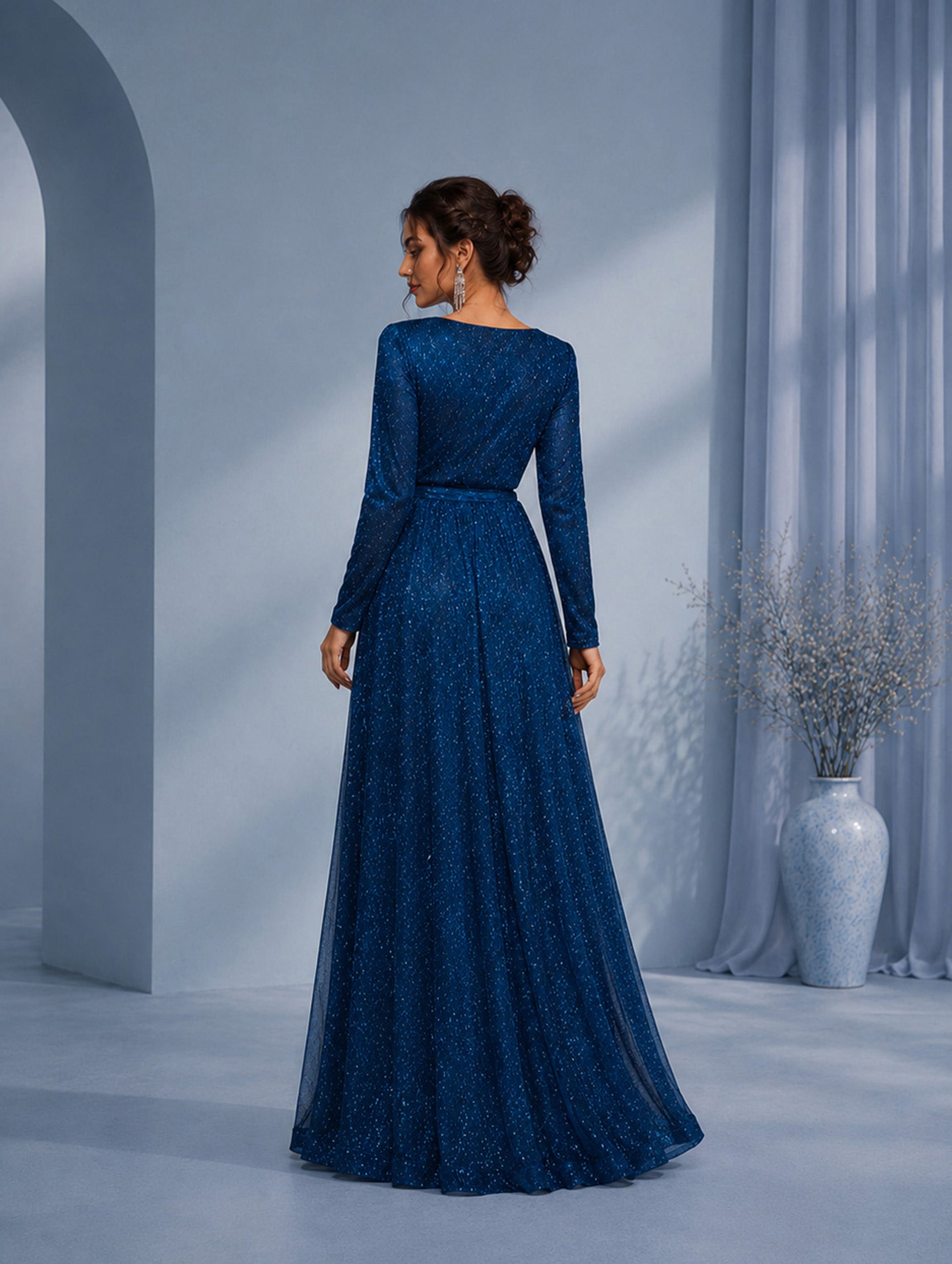 Women’s Navy Elegant Glitter V-Neck Long Sleeve Regular Maxi Dress