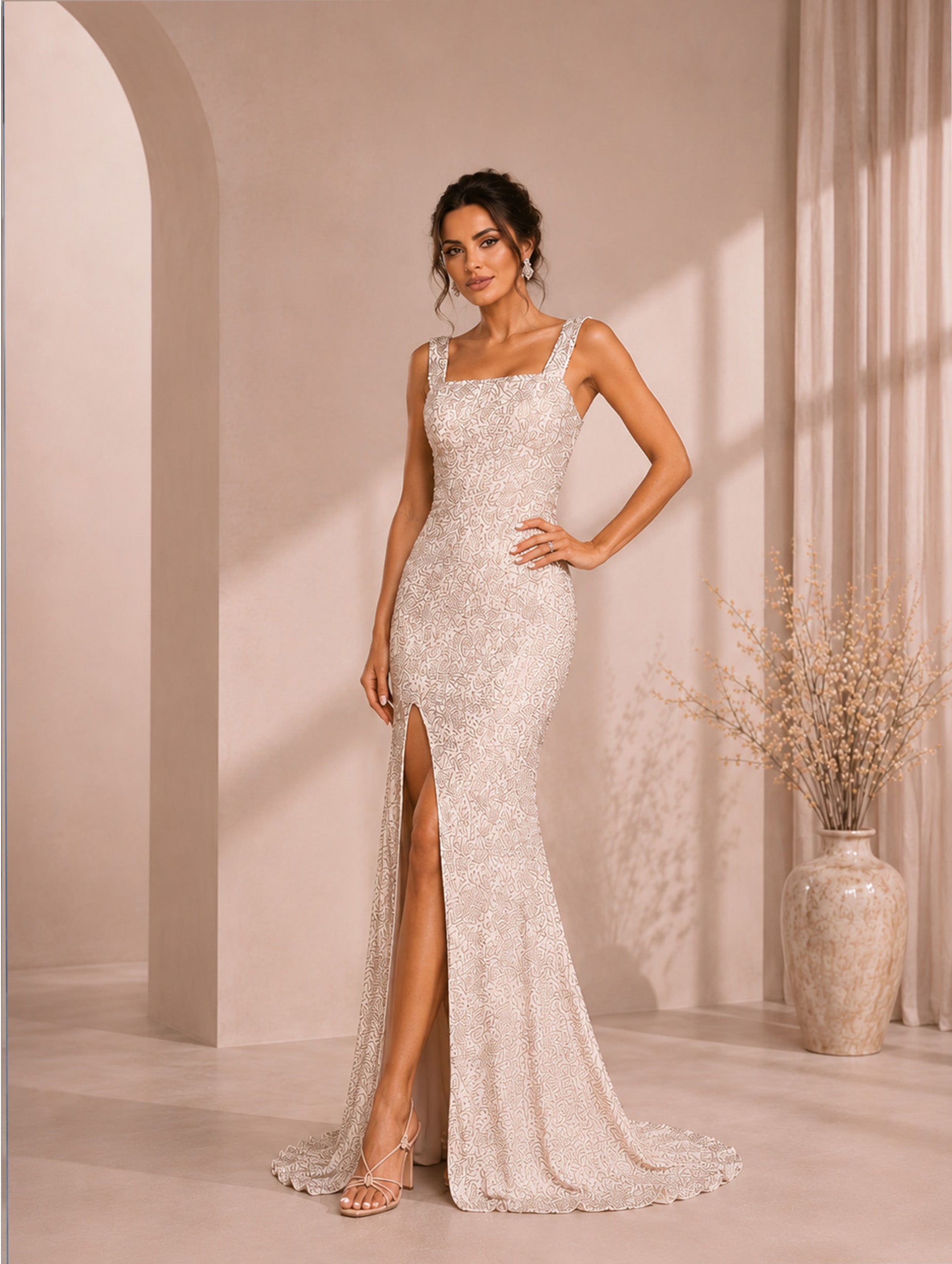 Women’s Apricot Glamorous Sequin Square Neck Sleeveless Fitted Maxi Dress with Side Slit and Back Cutout