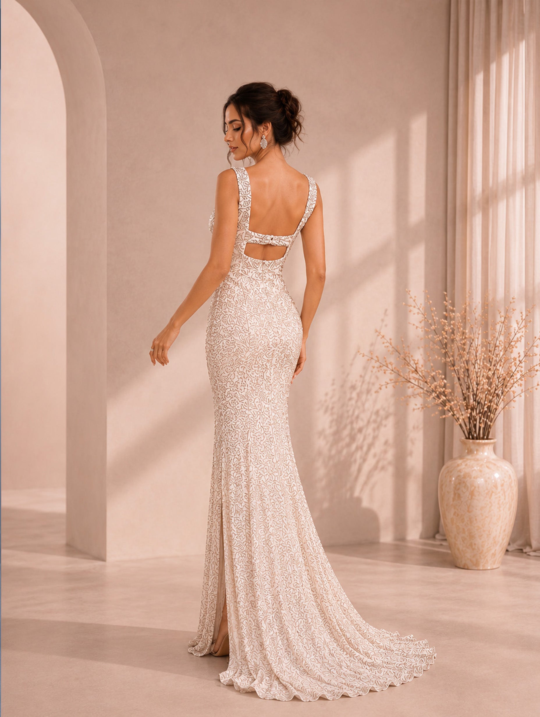 Women’s Apricot Glamorous Sequin Square Neck Sleeveless Fitted Maxi Dress with Side Slit and Back Cutout