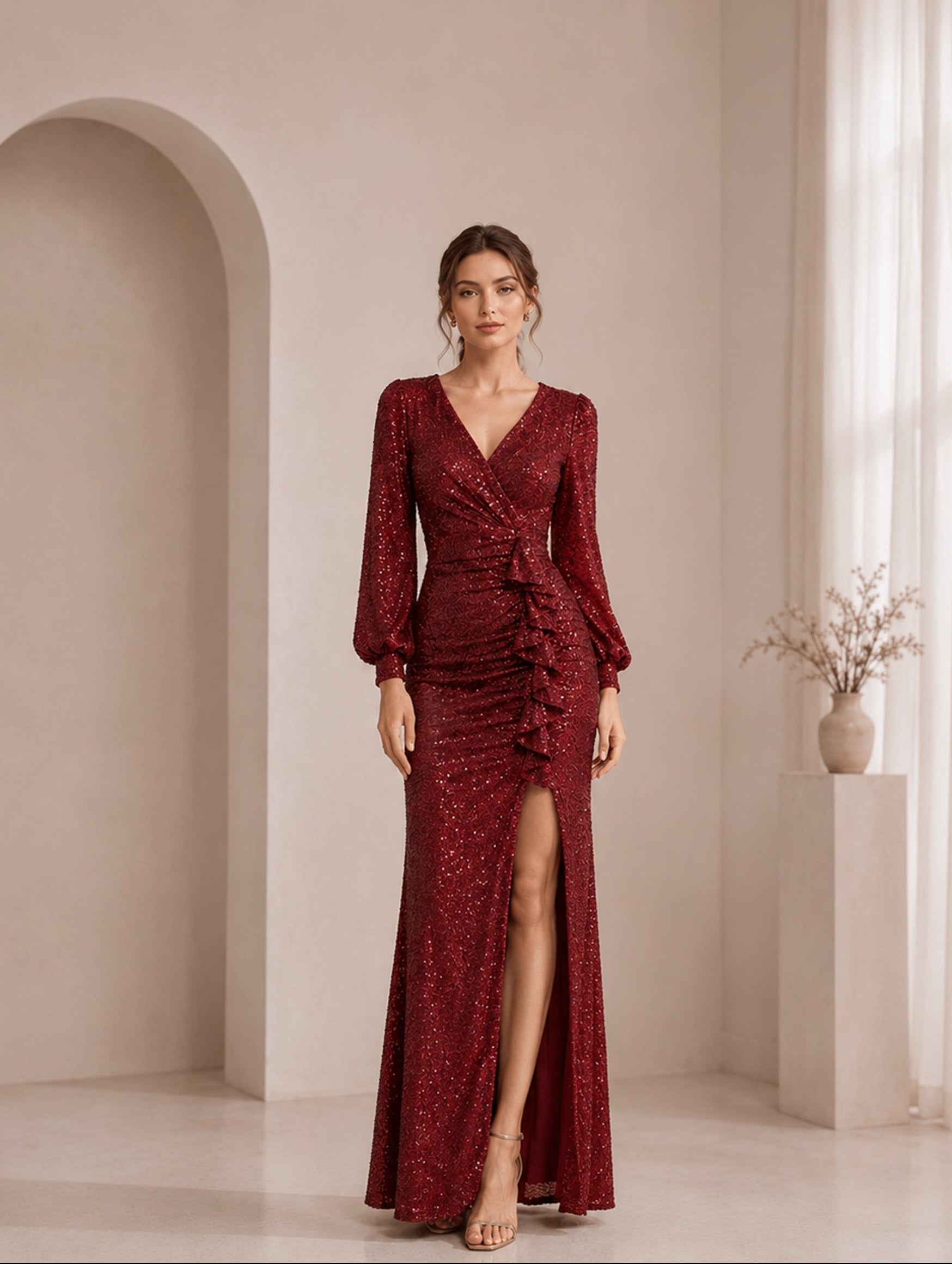 Women’s Burgundy Elegant Evening Gown Sequined Long Sleeve Fitted Ruffle Slit Maxi Dress