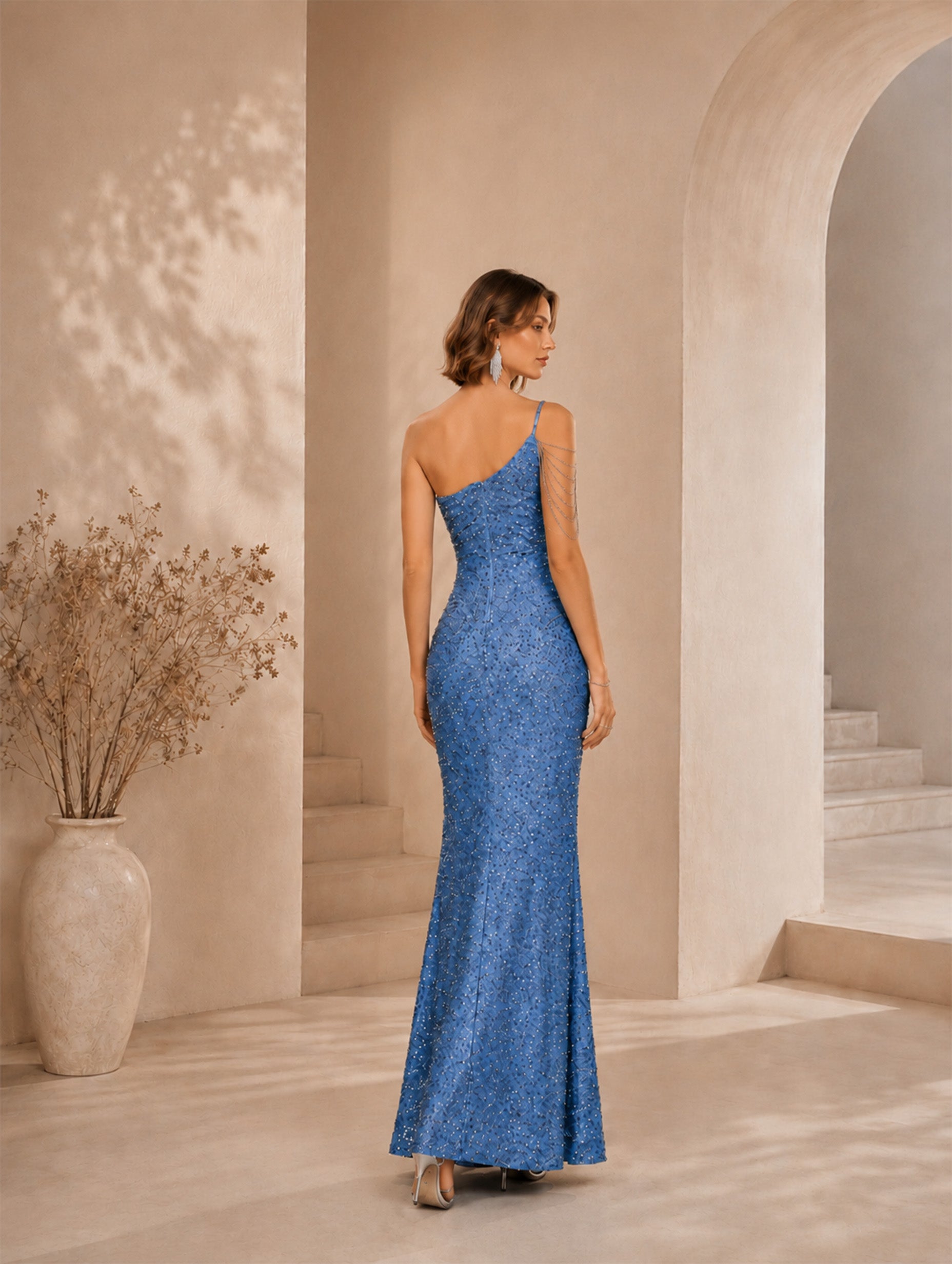 Women’s Light Blue Glamorous Sequin Mesh One-Shoulder Sleeveless Fitted Floor-Length Gown with Beaded Shoulder Detail