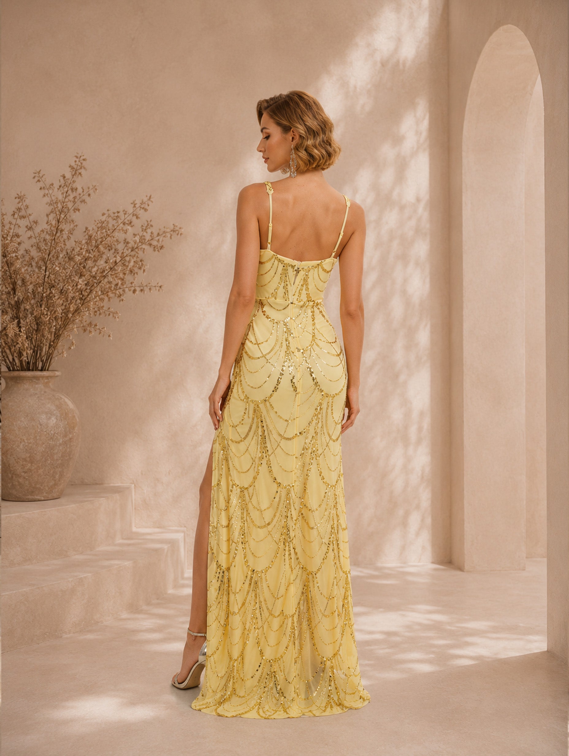 Women’s Yellow Sequin Evening Dress with Strappy Beaded Detail, Sleeveless, Fitted Silhouette, Floor-Length, High Side Slit