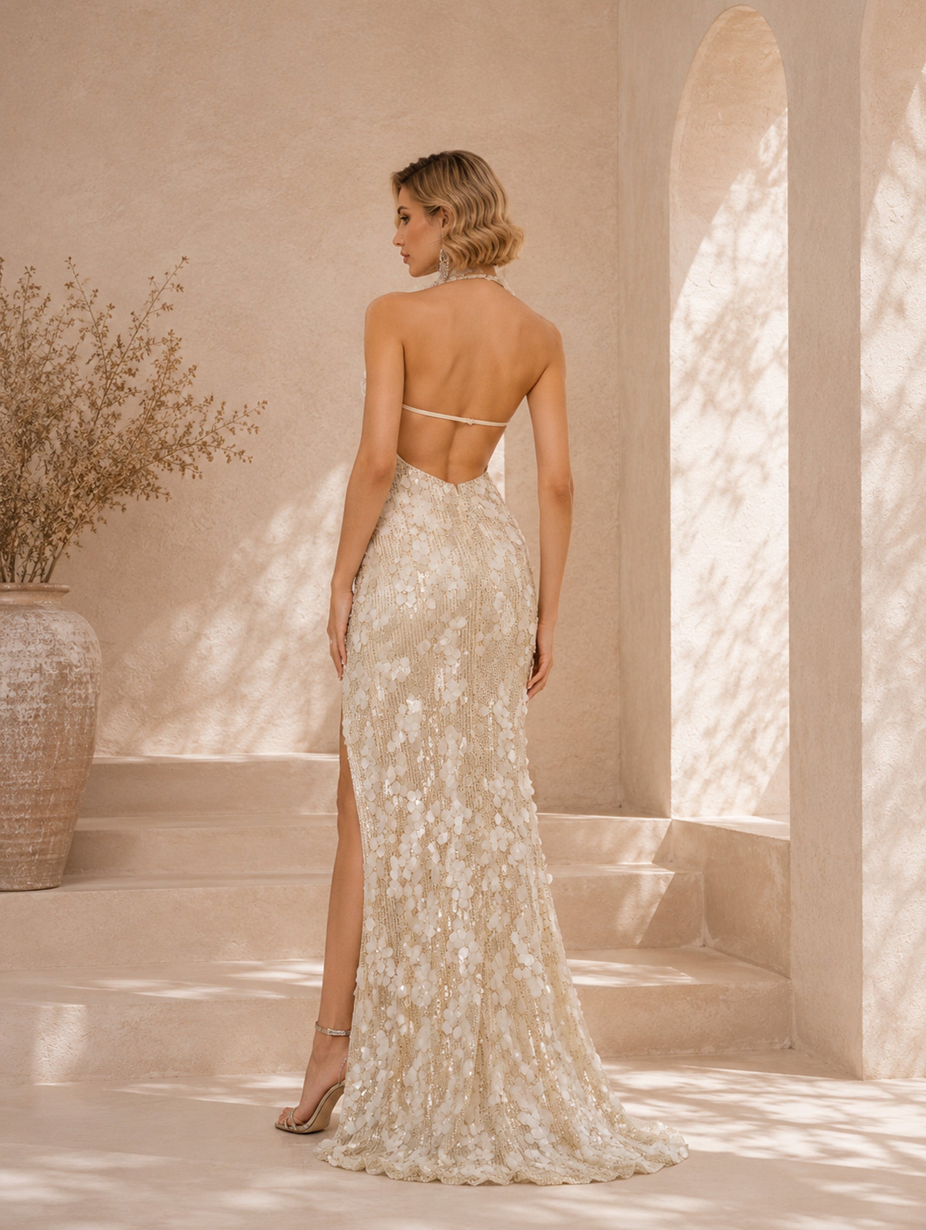 Women’s Gold Sequin Halter Neck Fitted Slit Maxi Dress Evening Gown