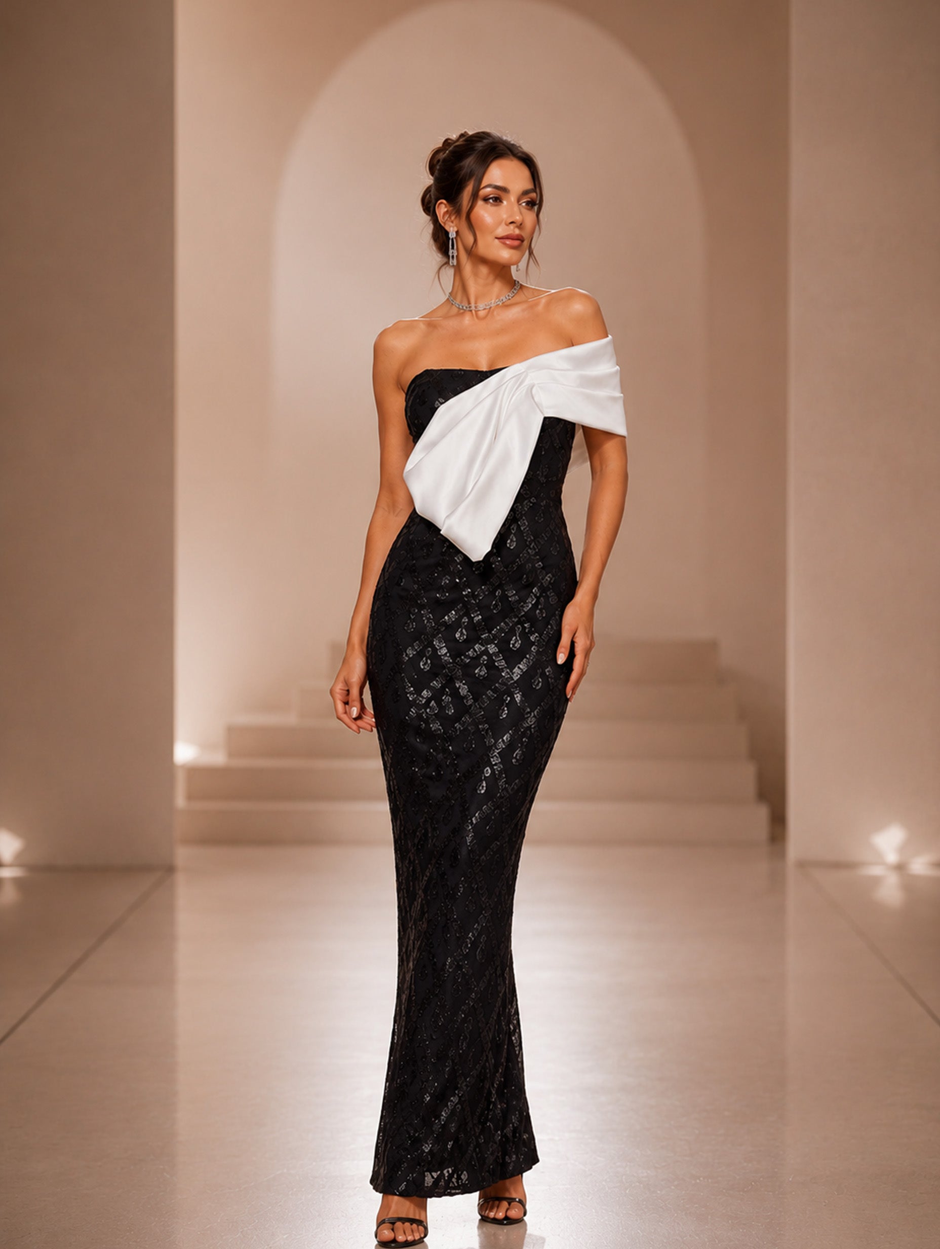 Women’s Black Elegant Sequin Asymmetric Neck Sleeveless Fitted Maxi Dress with White Bow Detail