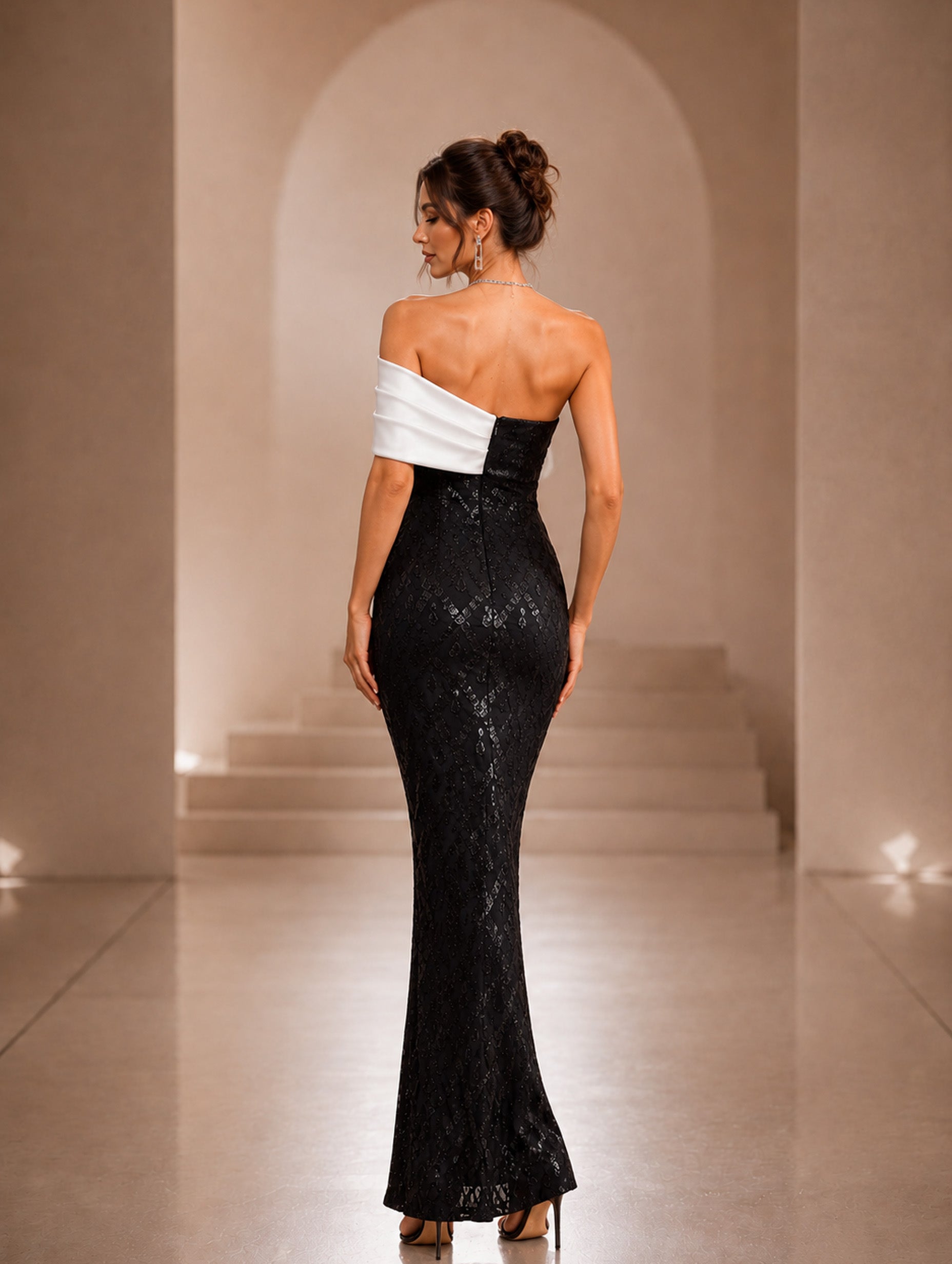 Women’s Black Elegant Sequin Asymmetric Neck Sleeveless Fitted Maxi Dress with White Bow Detail