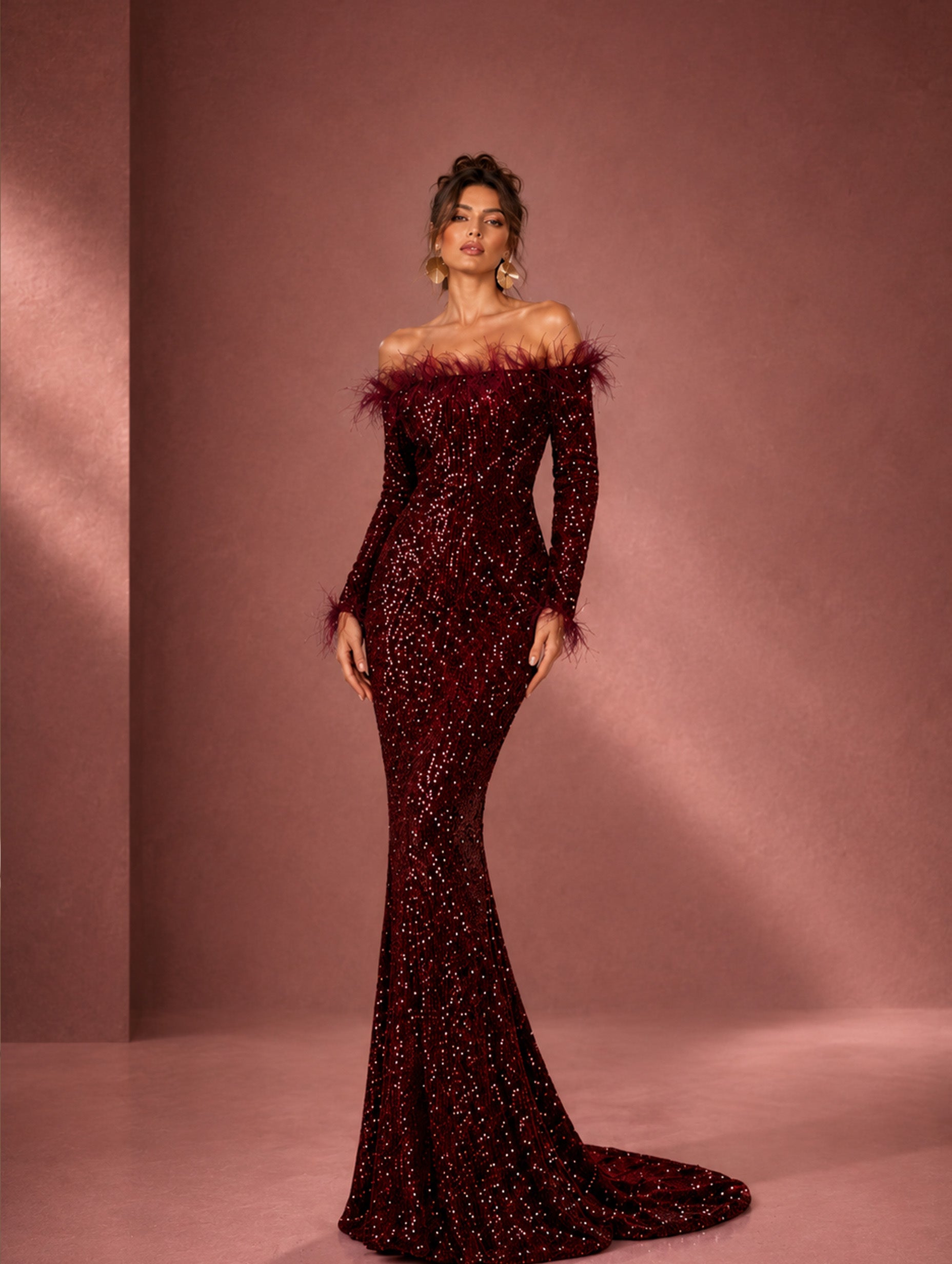 Women’s Burgundy Glamorous Sequin Off-Shoulder Long Sleeve Fitted Maxi Dress with Feather Trim