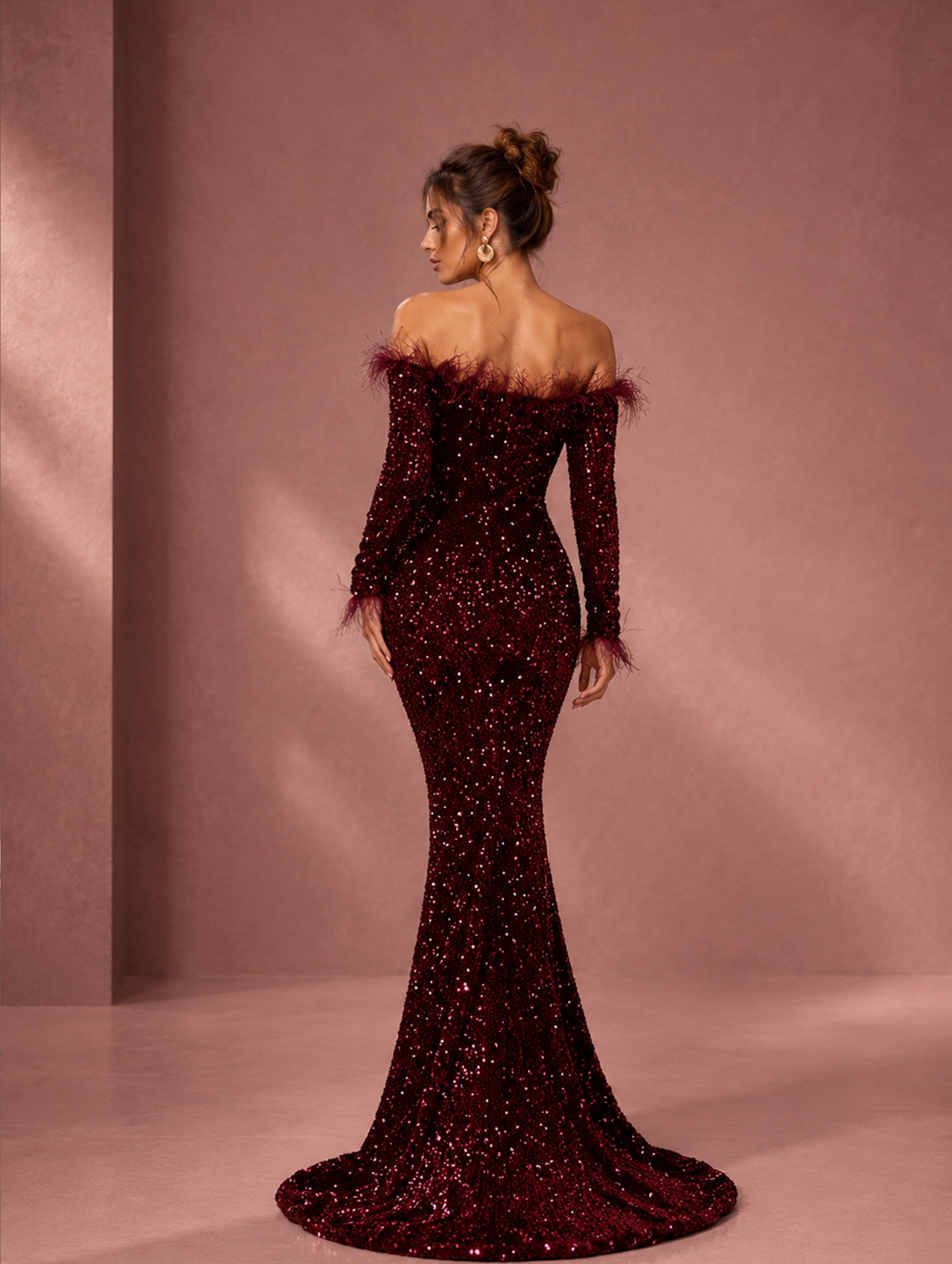 Women’s Burgundy Glamorous Sequin Off-Shoulder Long Sleeve Fitted Maxi Dress with Feather Trim