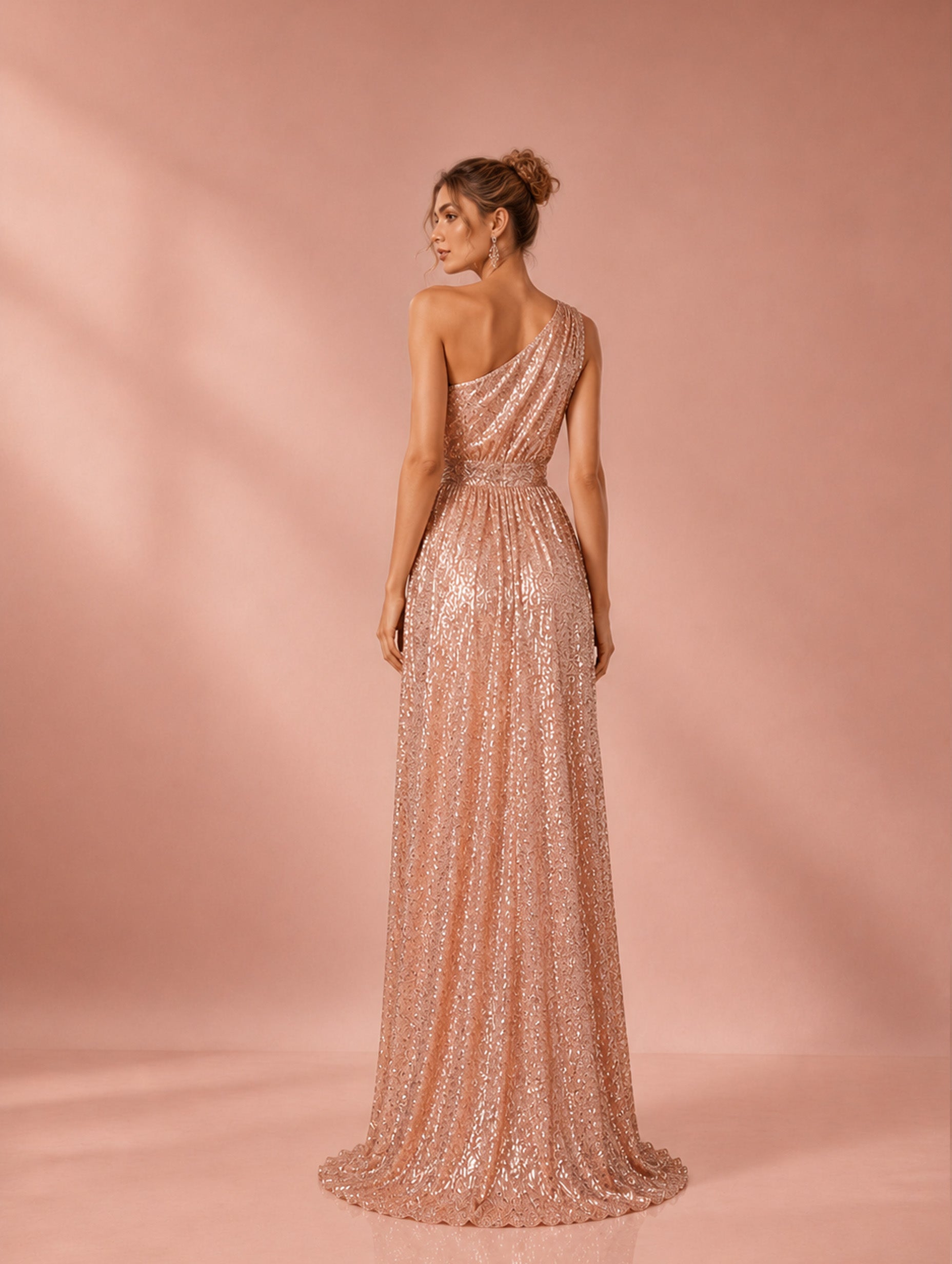 Women’s Rose Gold Elegant Sequin One-Shoulder Sleeveless Regular Maxi Dress with Side Slit  Product Description