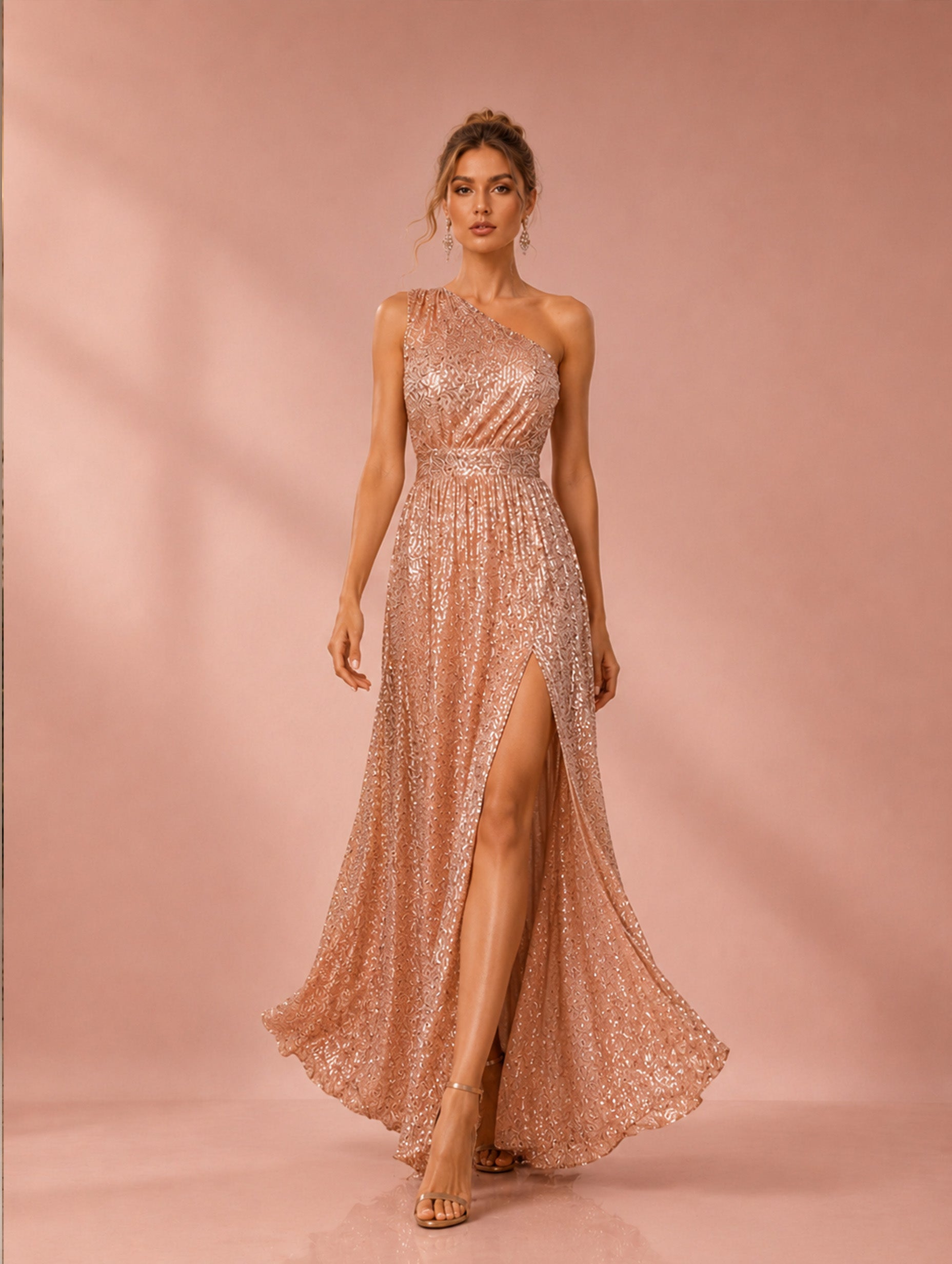 Women’s Rose Gold Elegant Sequin One-Shoulder Sleeveless Regular Maxi Dress with Side Slit  Product Description