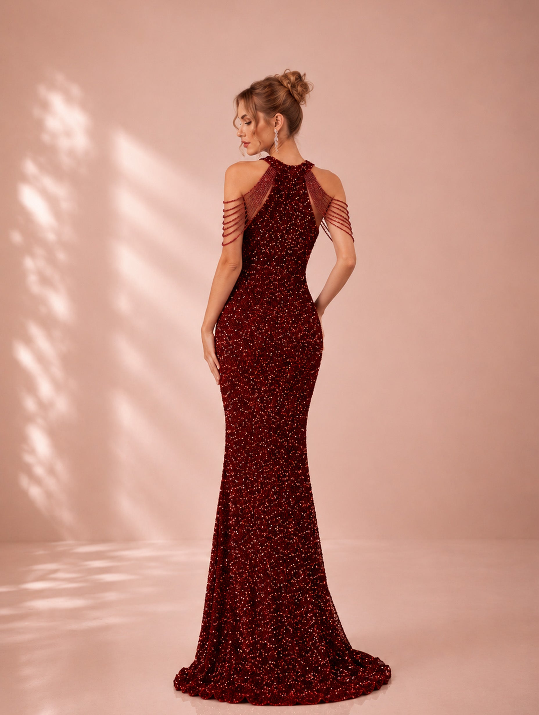 Women’s Red Glamorous Sequin Halter Neck Sleeveless Regular Maxi Dress with Beaded Chain Detail and Side Slit