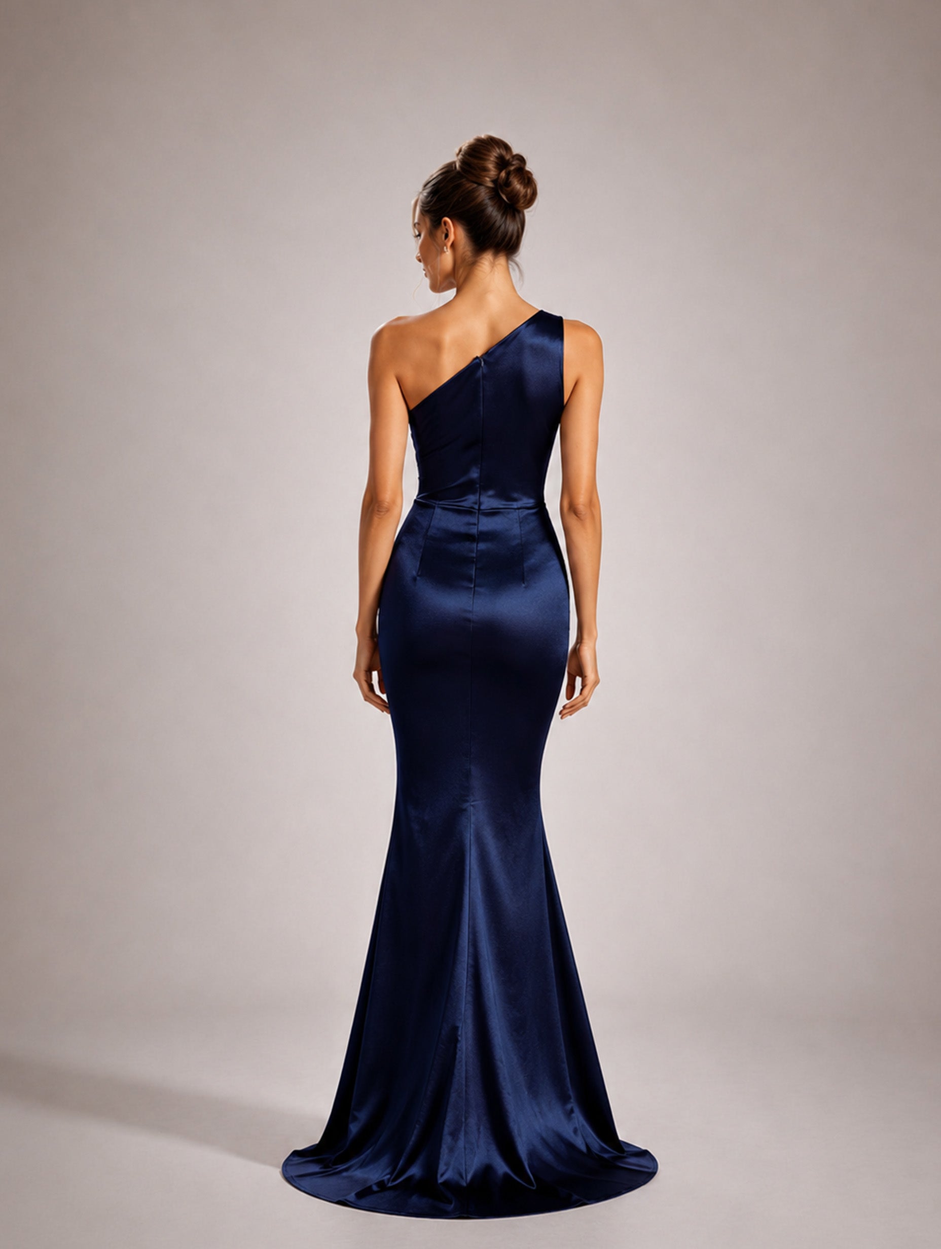 Women’s Navy Elegant Satin One-Shoulder Sleeveless Regular Maxi Dress with Side Slit and Backless Detail