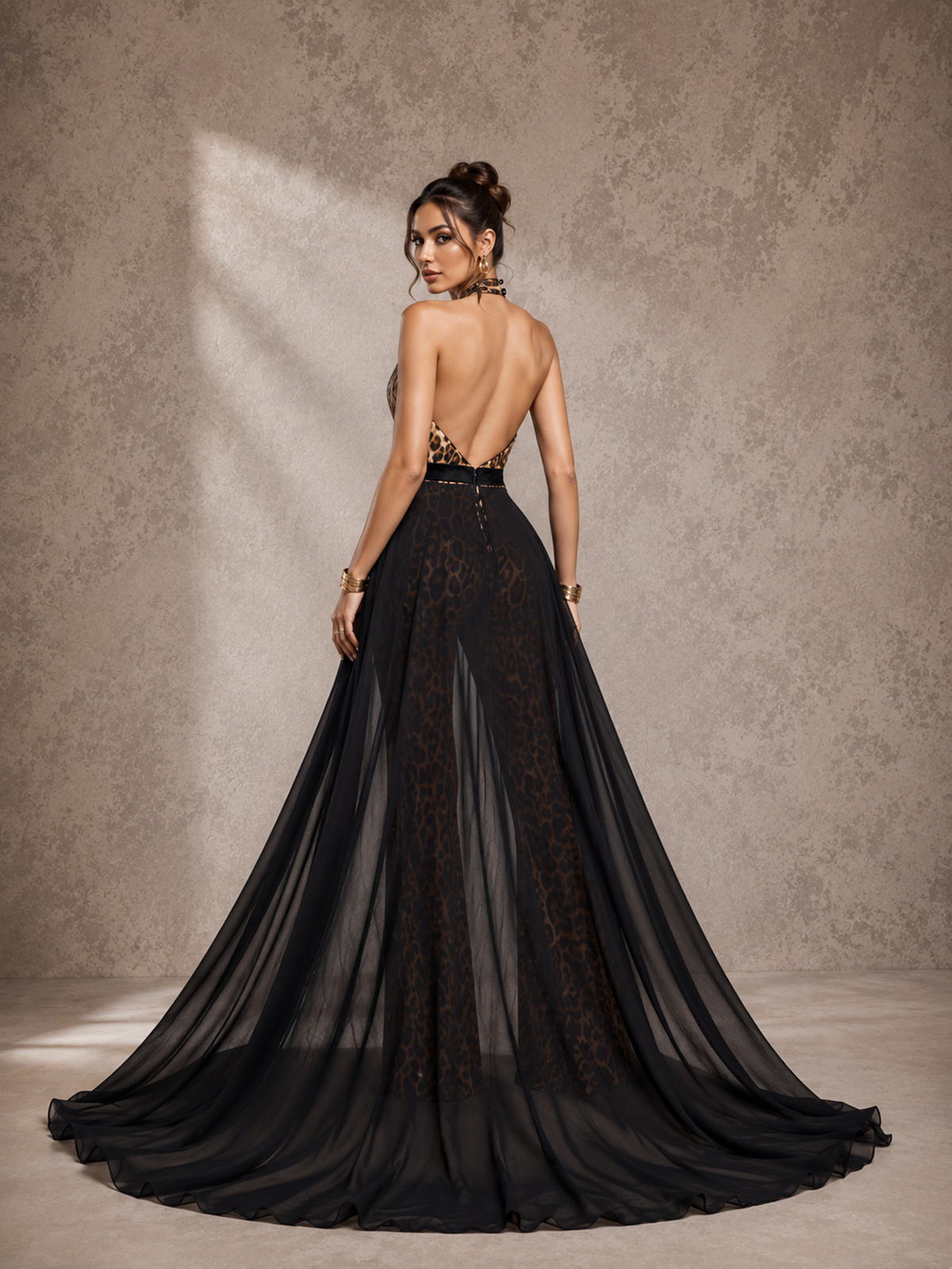 Women’s Leopard Print Glam Sequined Halter Sleeveless Relaxed Full-Length Jumpsuit with Sheer Tail