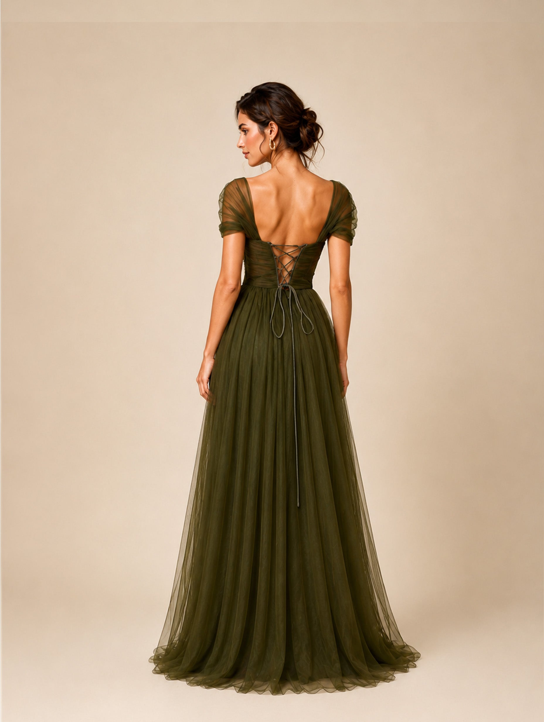Women’s Olive Green Elegant Tulle Square Neck Short Sleeve Regular Maxi Dress with Side Slit and Backless Detail