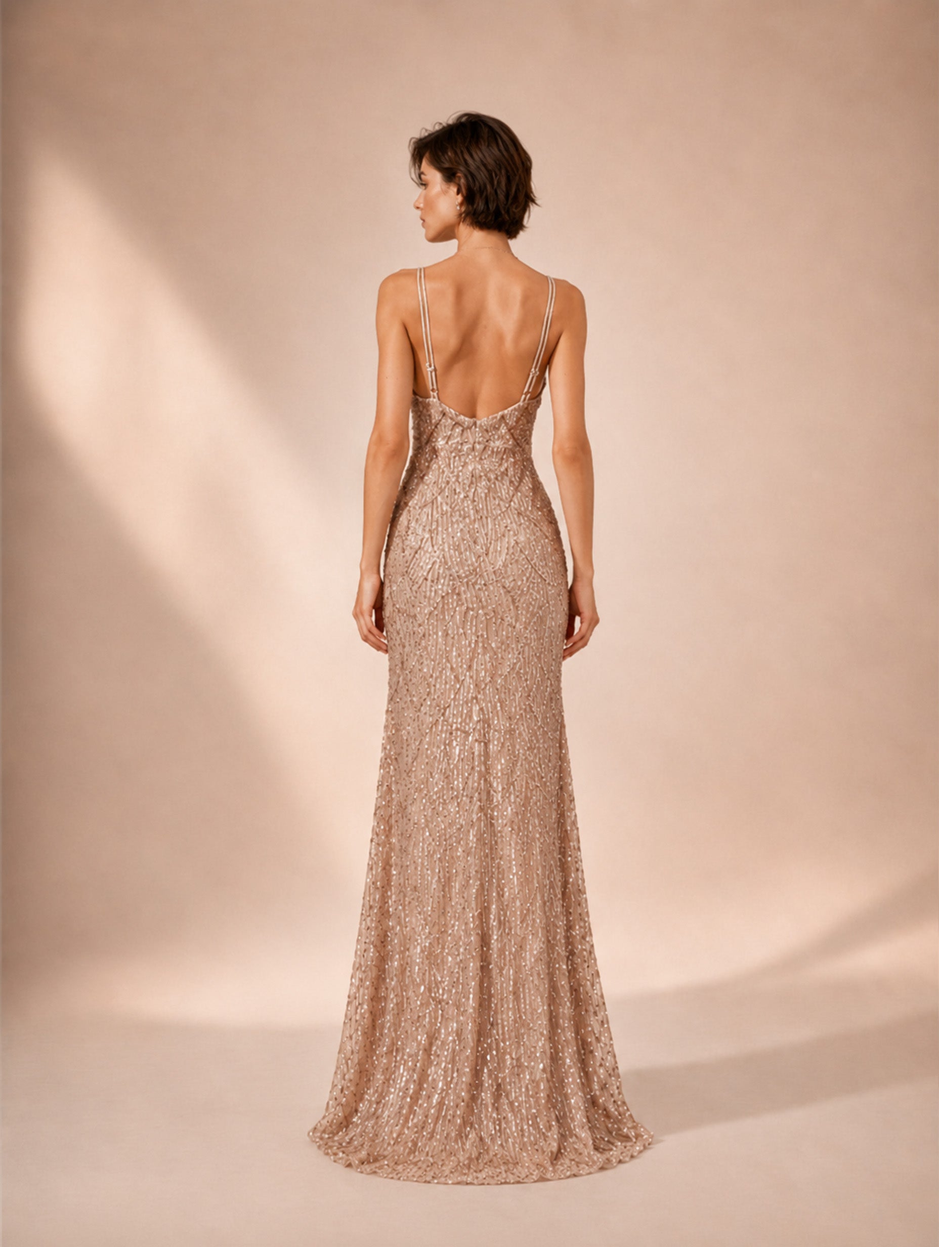 Women’s Champagne Elegant Sequin V-Neck Sleeveless Regular Maxi Dress with Side Slit  Product Description
