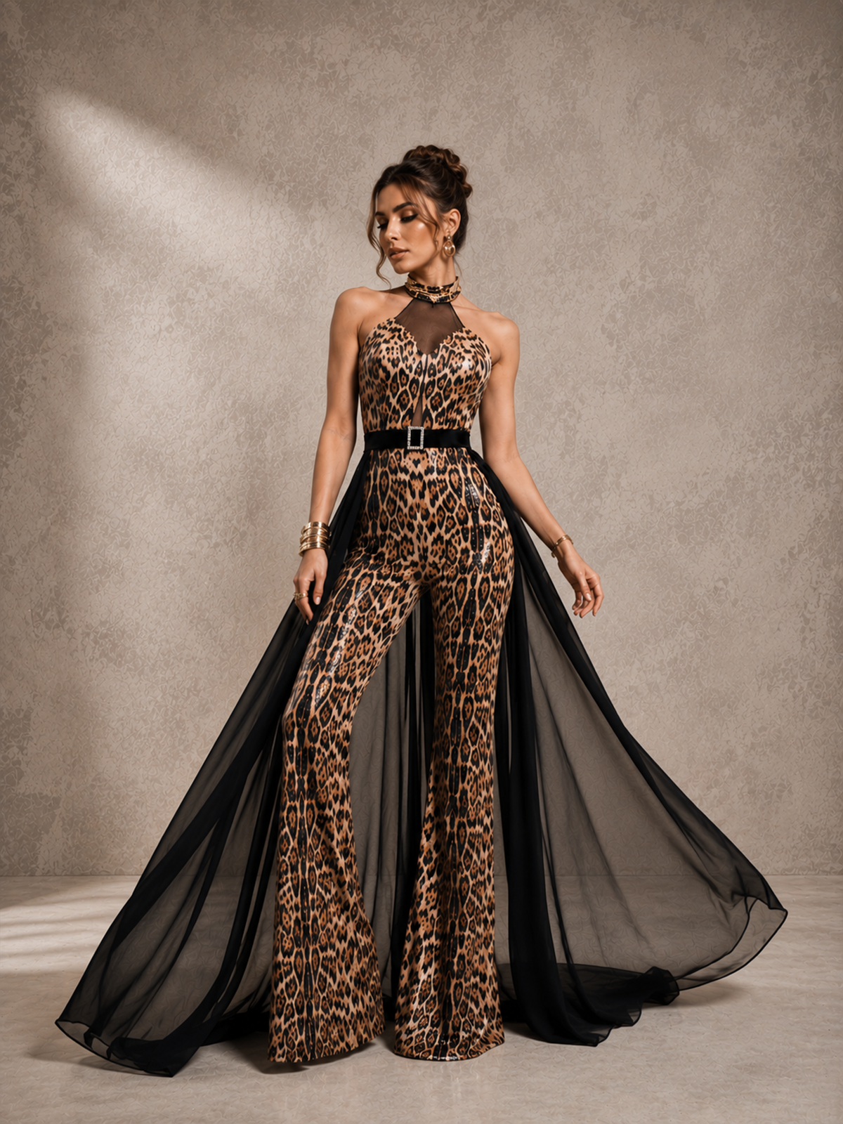 Women’s Leopard Print Glam Sequined Halter Sleeveless Relaxed Full-Length Jumpsuit with Sheer Tail