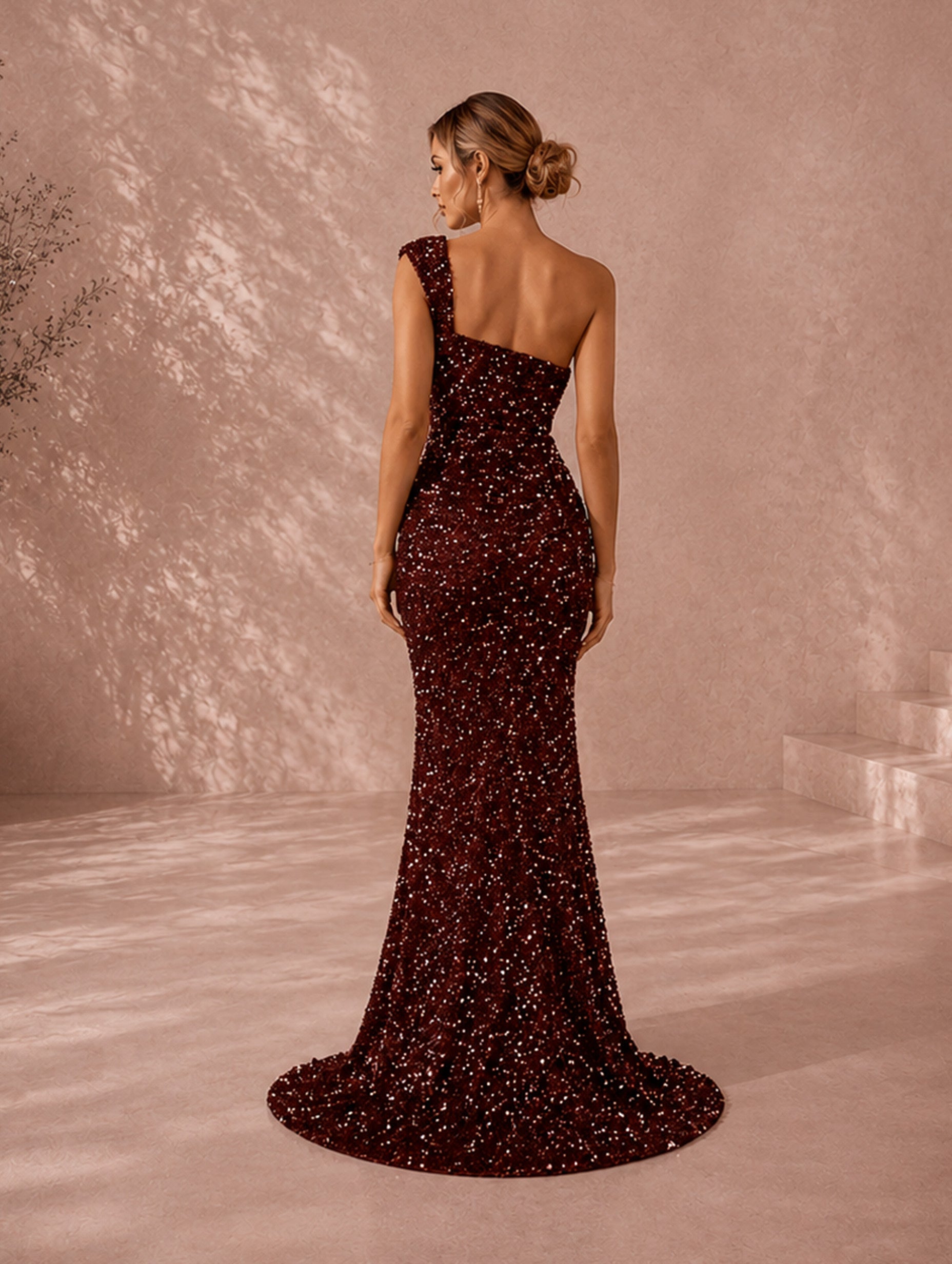 Women’s Wine Glamorous Sequin One-Shoulder Sleeveless Regular Maxi Dress with Draped Detail and Side Slit