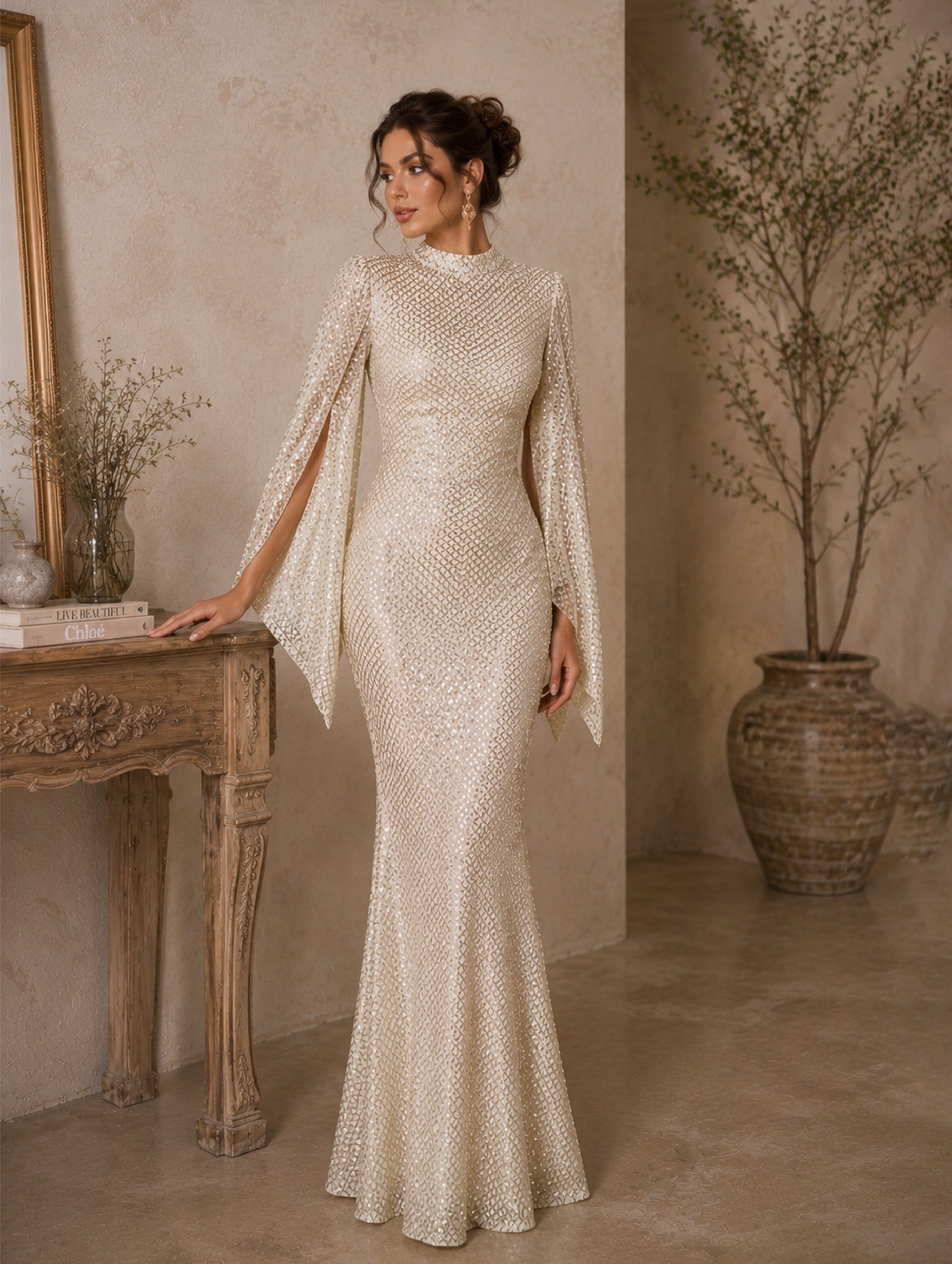 Women’s Apricot Glamorous Sequin Polyester Blend High Neck Bell Sleeve Regular Mermaid Maxi Prom Dress