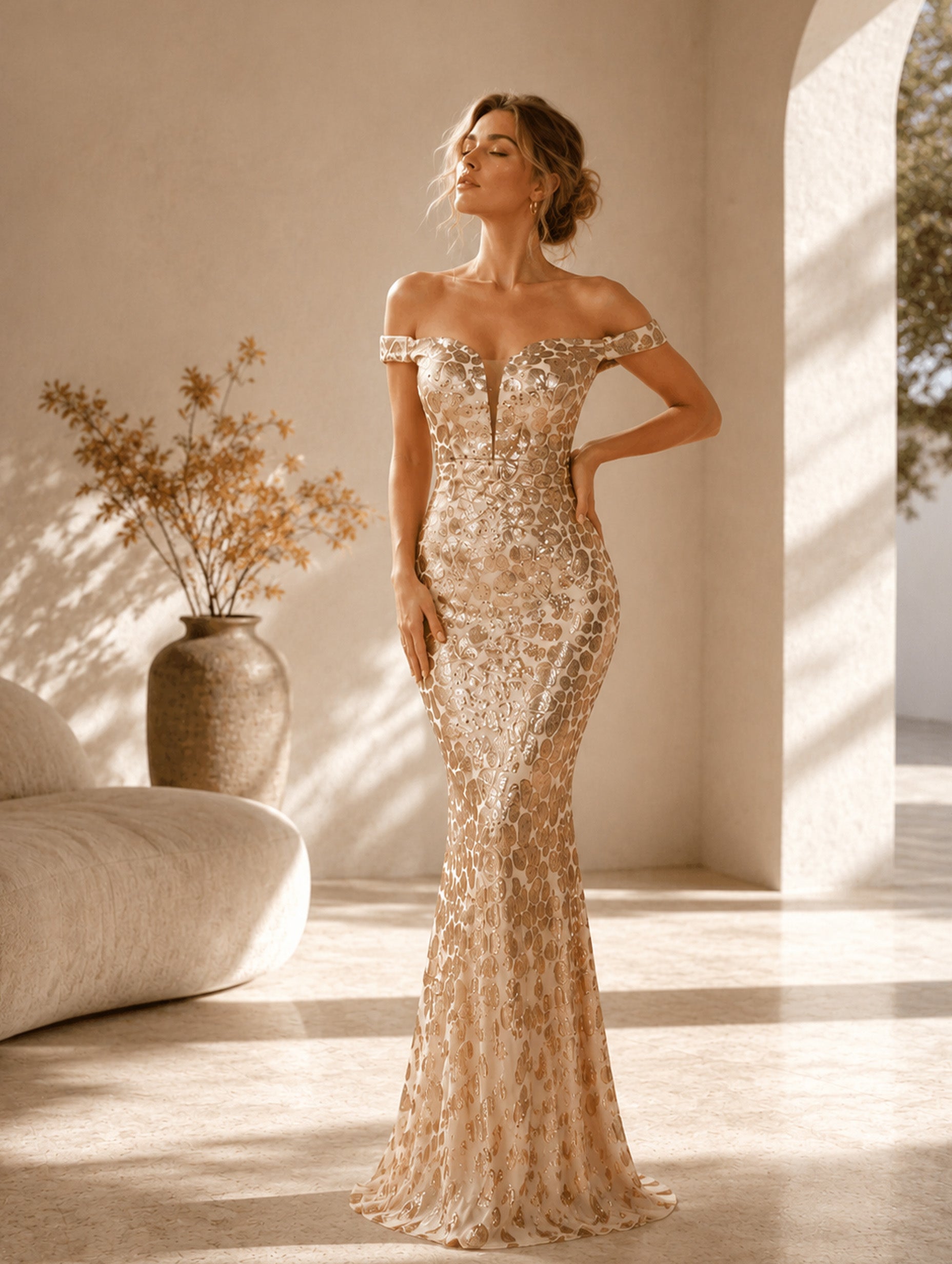 Women’s Gold Elegant Sequin Off-Shoulder V-Neck Sleeveless Regular Maxi Dress