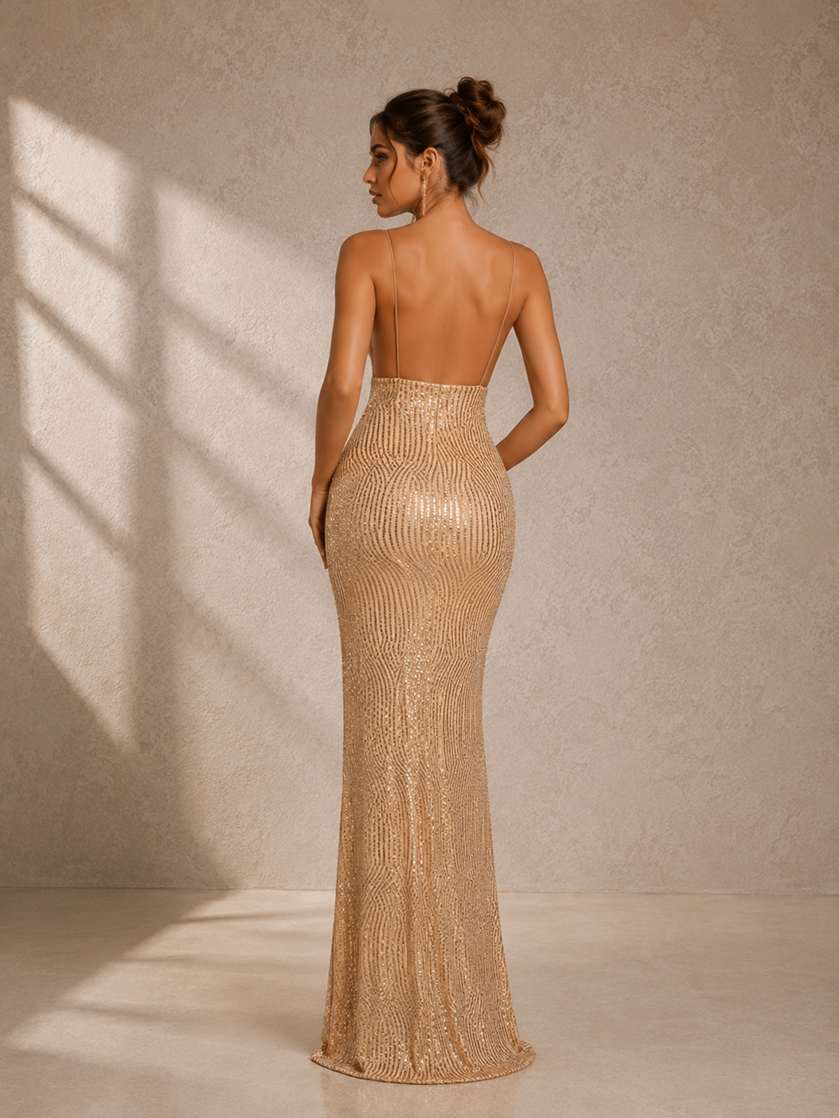 Women’s Gold Glamorous Sequin V-Neck Spaghetti Strap Tailored Midi Dress with Side Slit