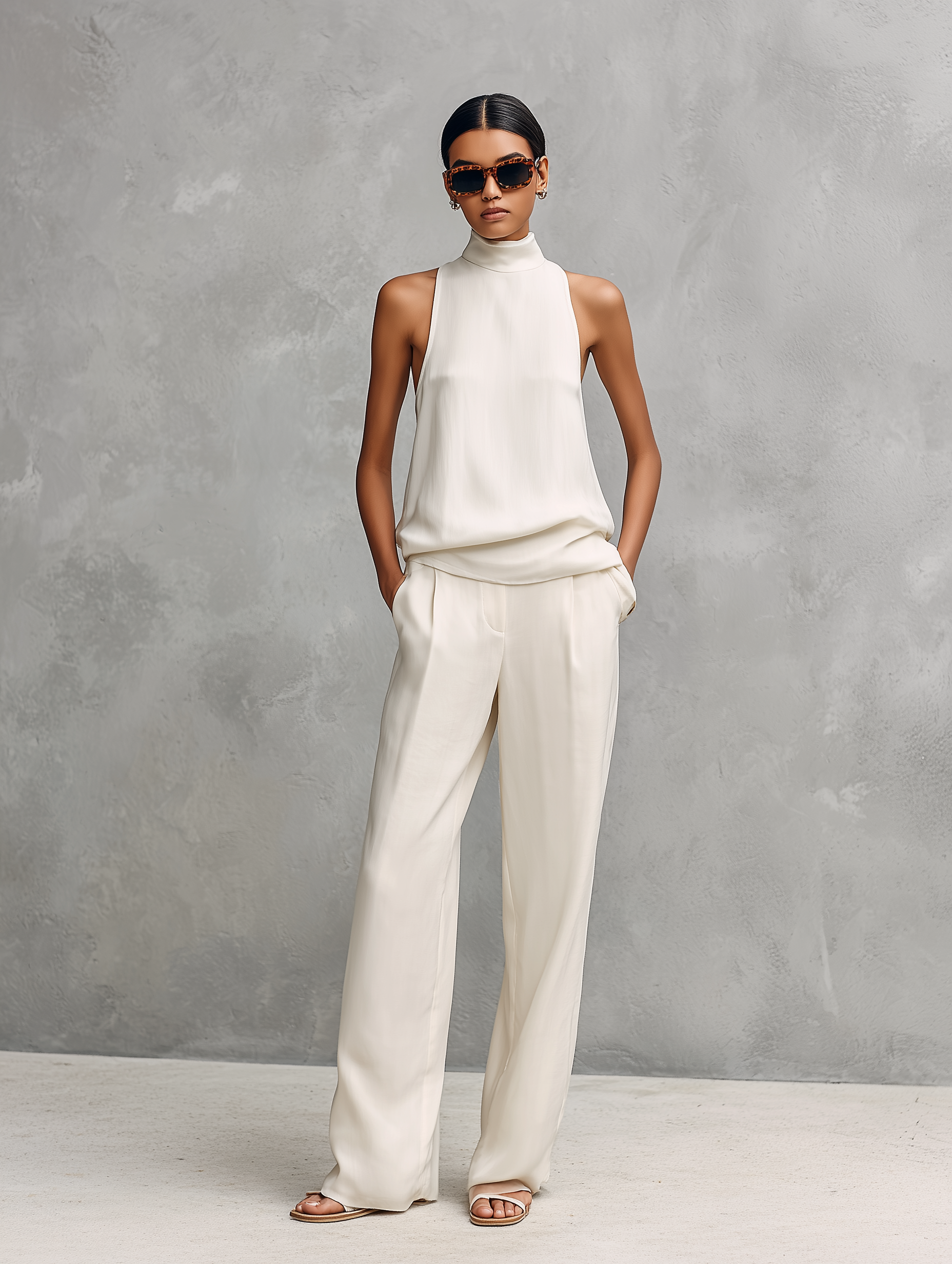Women’s Black and White Elegant Cotton-Linen Blend Round-Neck Sleeveless Regular Full-Length Pants Set