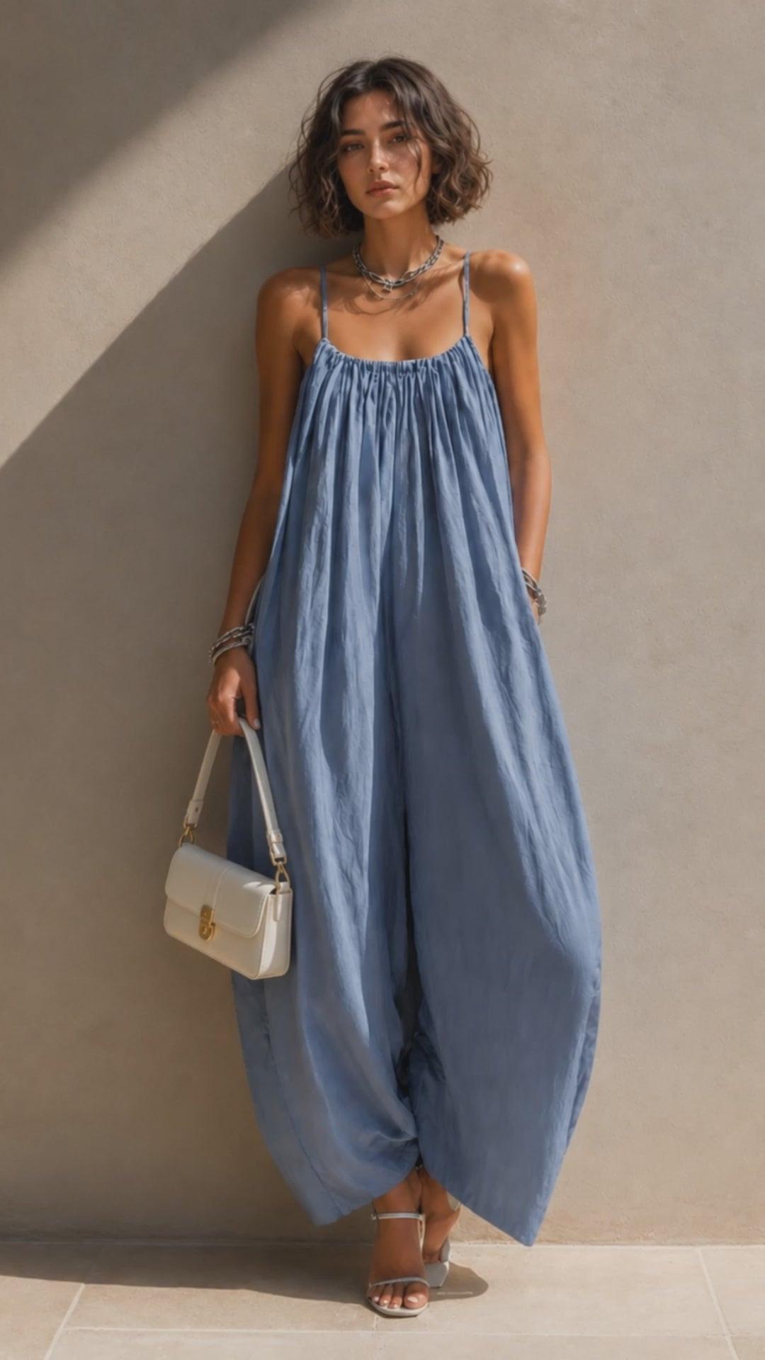 Combinaison ample longue pour femme en mélange coton-lin bleu minimaliste, encolure carrée et fines bretelles.