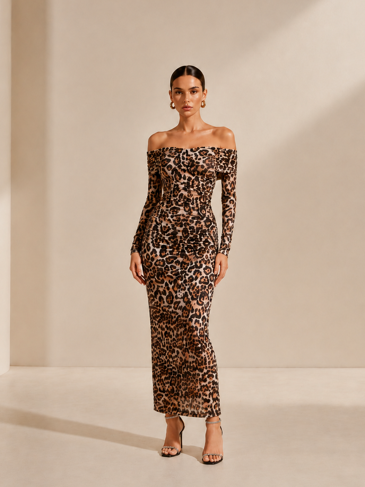 Women’s Black Elegant Off Shoulder Ruched Mesh Sleeve Maxi Dress