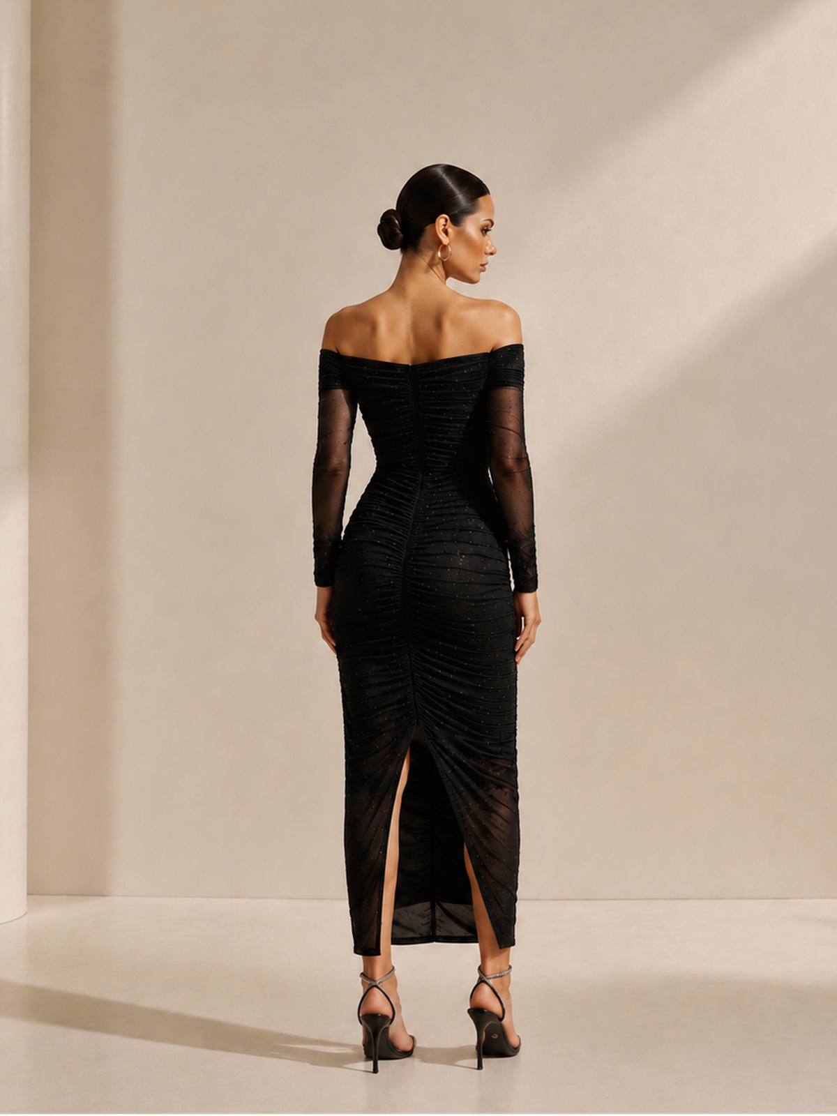 Women’s Black Elegant Off Shoulder Ruched Mesh Sleeve Maxi Dress