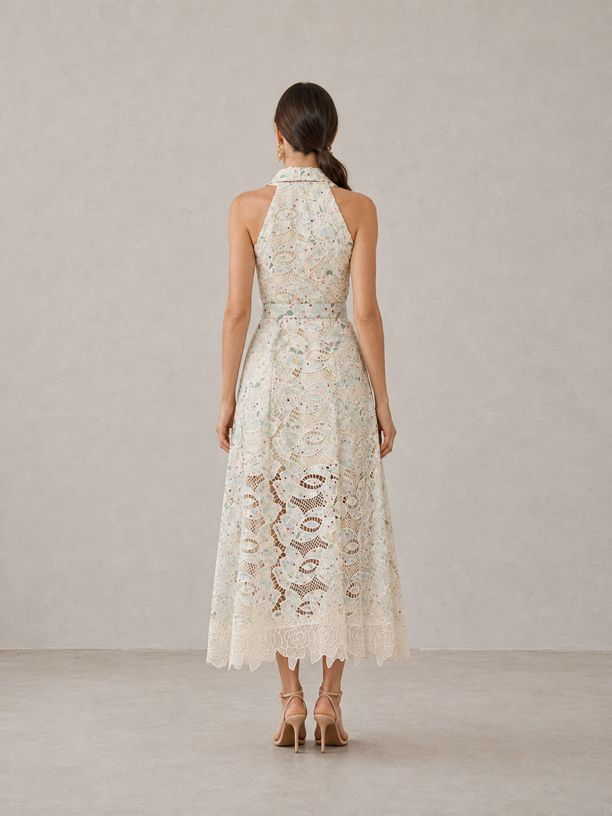 Women’s Beige Romantic Lace Halter Neck Belted A-Line Midi Dress