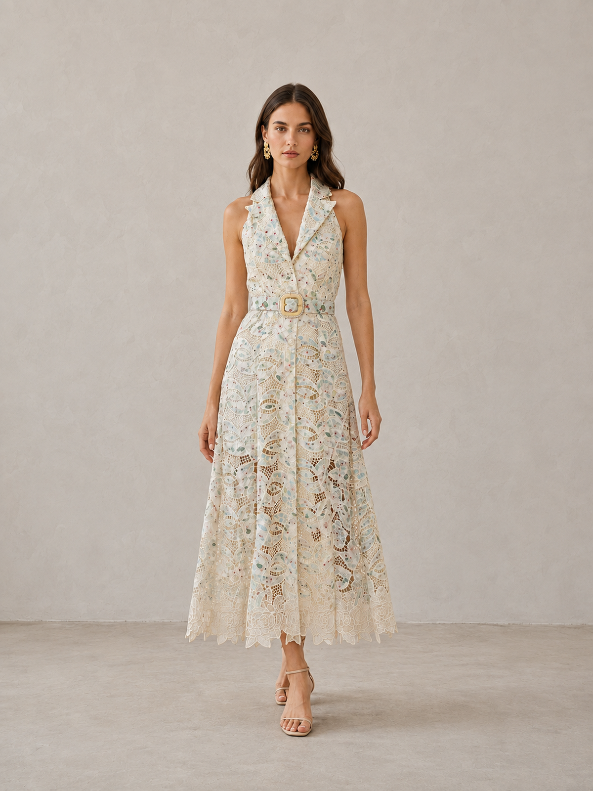 Women’s Beige Romantic Lace Halter Neck Belted A-Line Midi Dress
