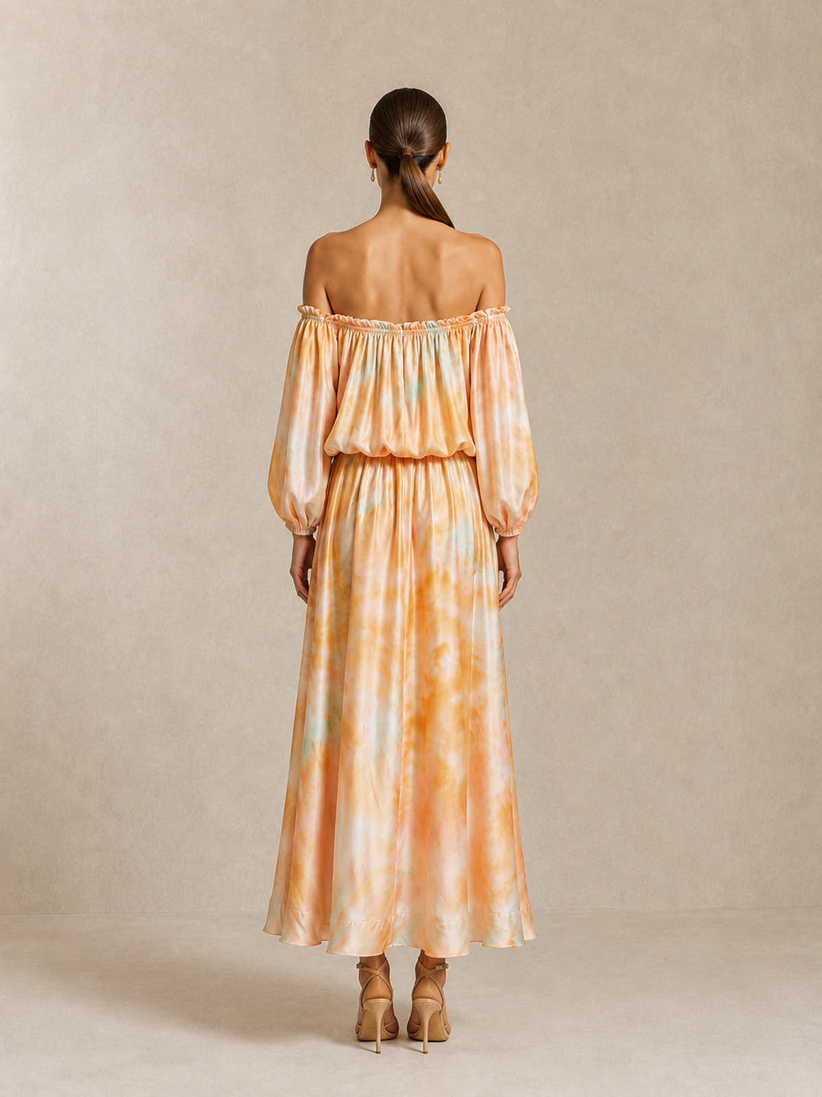 Women’s Orange Floral Print Strapless Blouson Maxi Dress