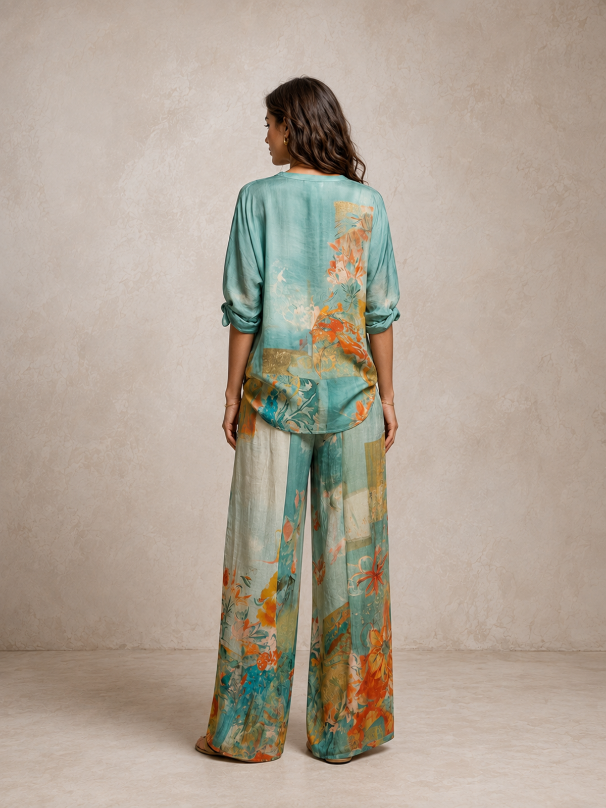 Women’s Teal Bohemian Slub Linen V Neck Three-Quarter Sleeve Wide Leg Pants Set with Floral Print